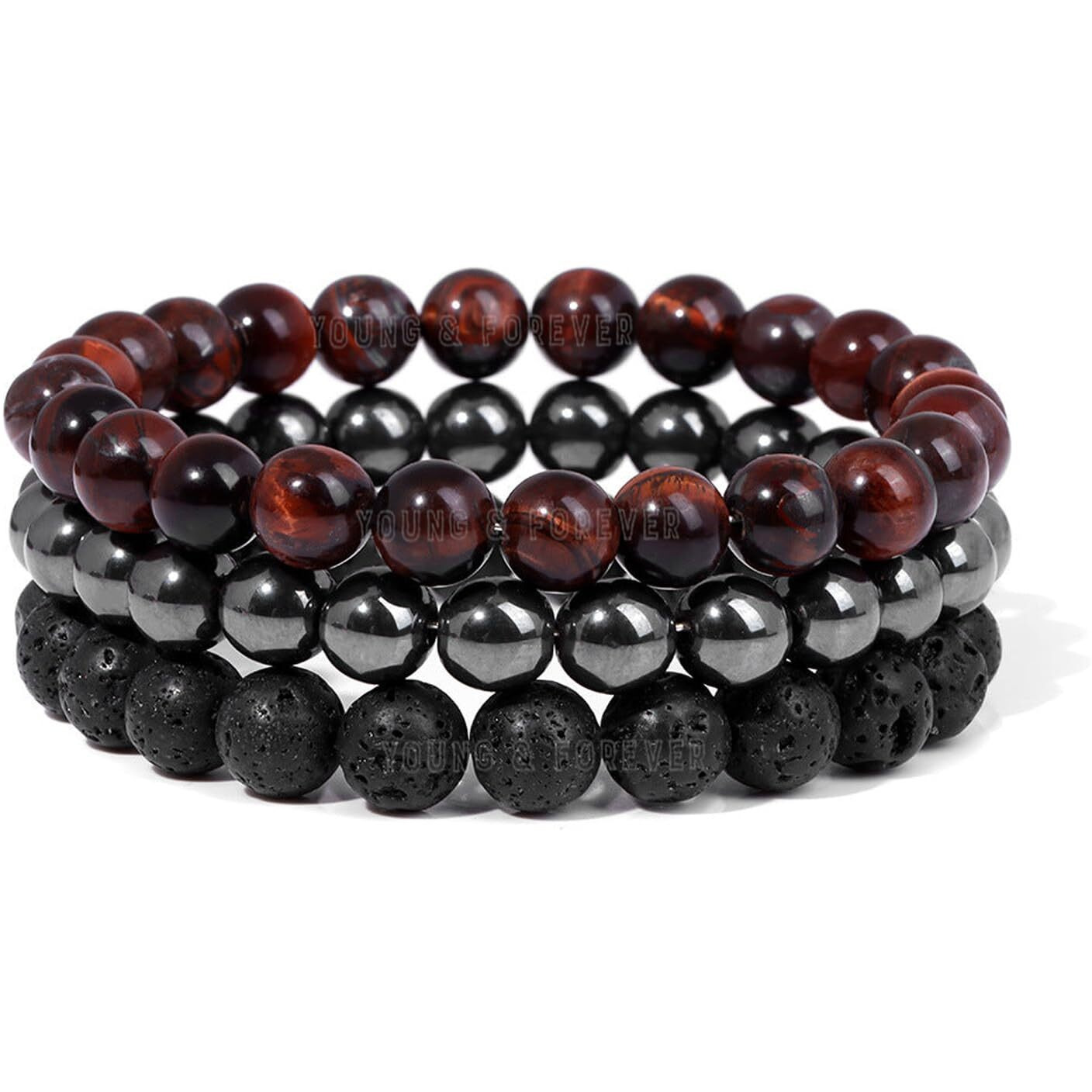 Young & Forever Reiki Crystal Beads Bracelets Original Lava Rock Red Tiger Eye and Hematite Set of 3 Bracelet Set