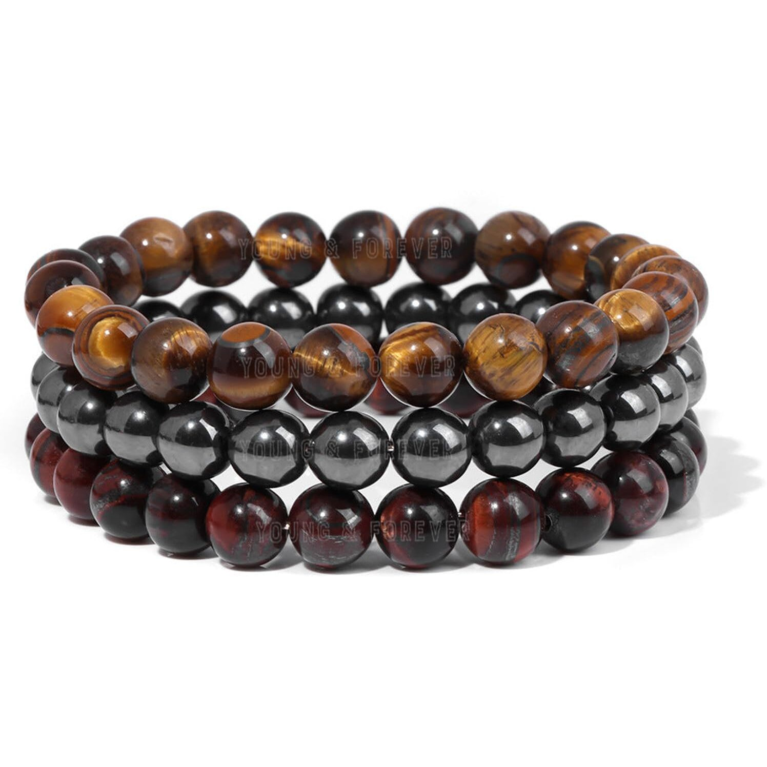 Young & Forever Reiki Crystal Beads Bracelets Original Red and Brown Tiger Eye Hematite Set of 3 Bracelet Set
