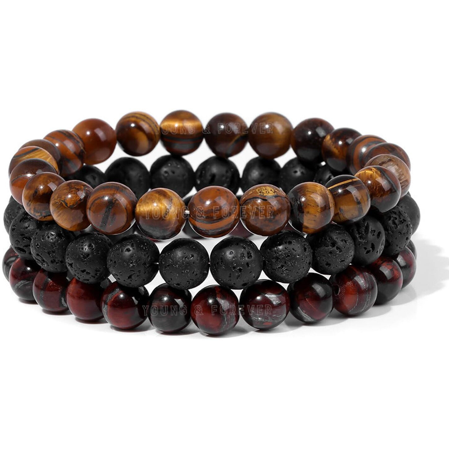 Young & Forever Reiki Crystal Beads Bracelets Original Red Tiger Eye Brown Tiger Eye Lava Rock Set of 3 Bracelet Set