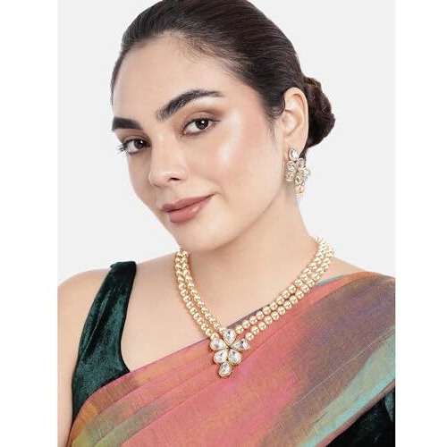 Peora Gold Plated Crystal Pearl Long Necklace with Drop Earrings Traditional Ethnic Jewellery Set for Women Girls | Gold & White