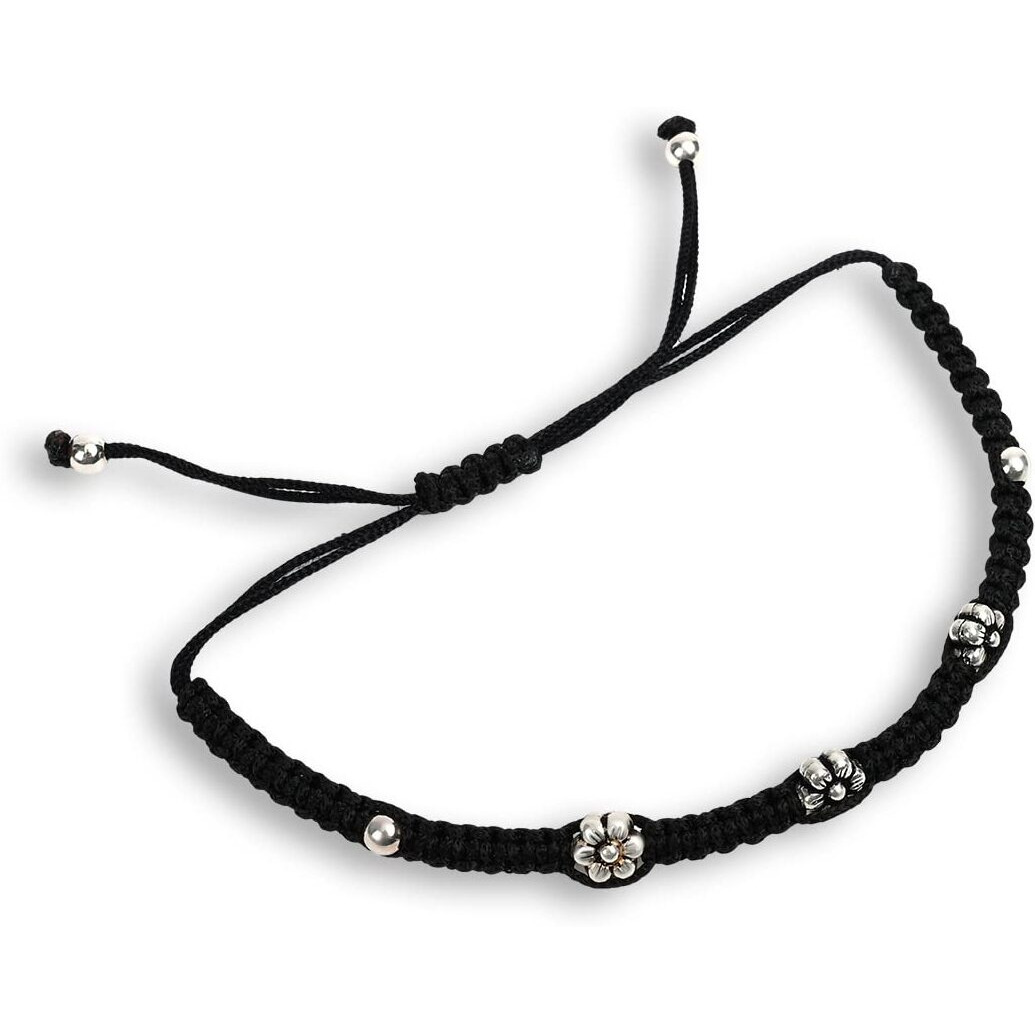 CHOTTEY LAL AND SONS Unisex-Adult Black Thread Silver Bracelet Cum Anklet With Multiple Flowers Nazariya Adjustable Evil Wristband
