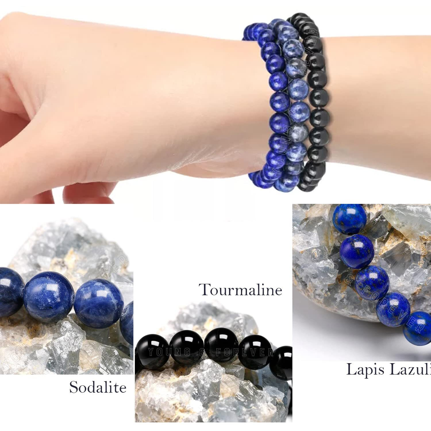 Young & Forever Gift Matching Natural Tiger Eye Tourmaline Hematite and Multi Layer Triple Protection Gem Stone Beads Stacked Combo Bracelets for Men and Women