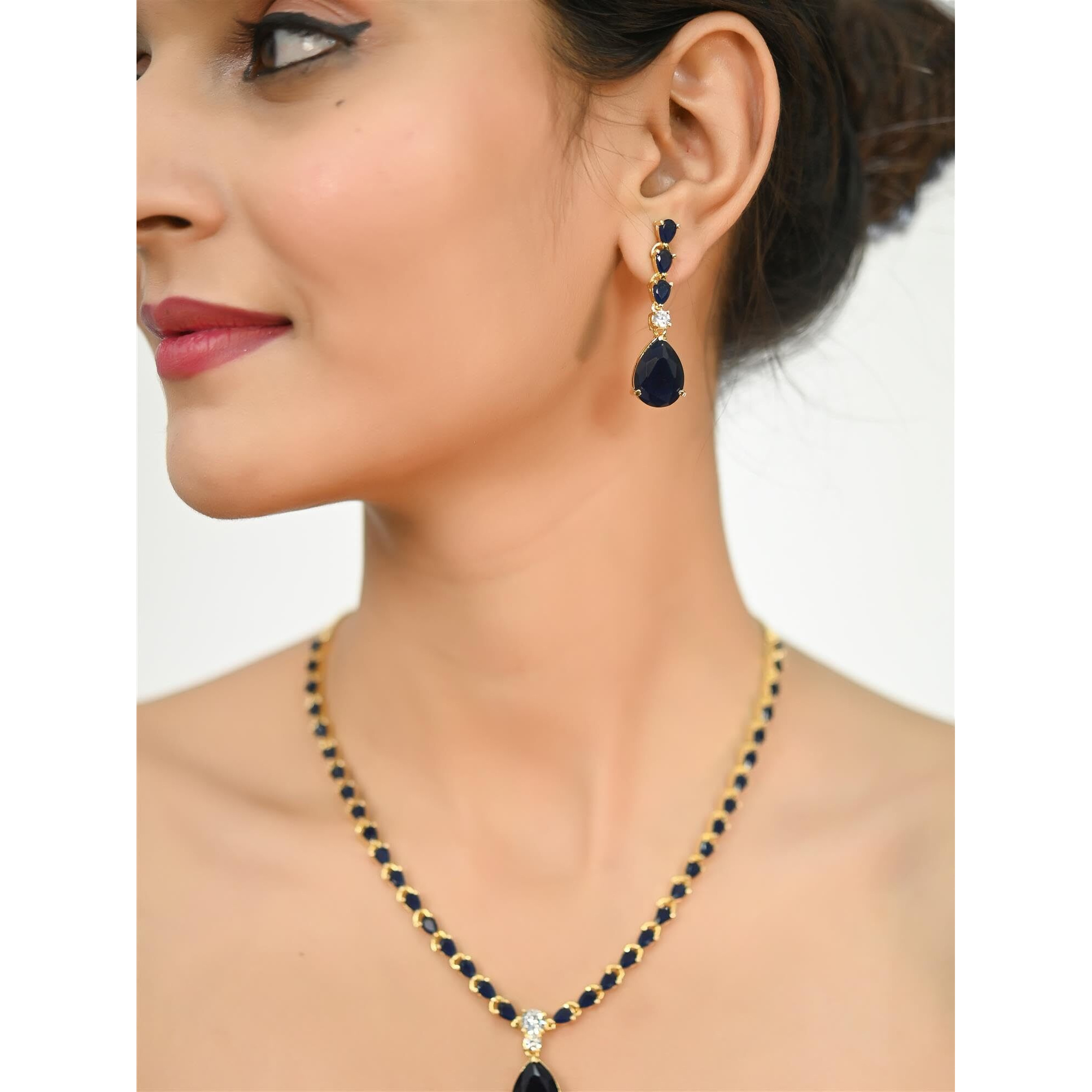 Ratnavali Jewels American Diamond CZ Gold Plated Designer Blue Sapphire Jewellery Set/Necklace Set with Chain & Earring for Girls/Women (RV2762B)