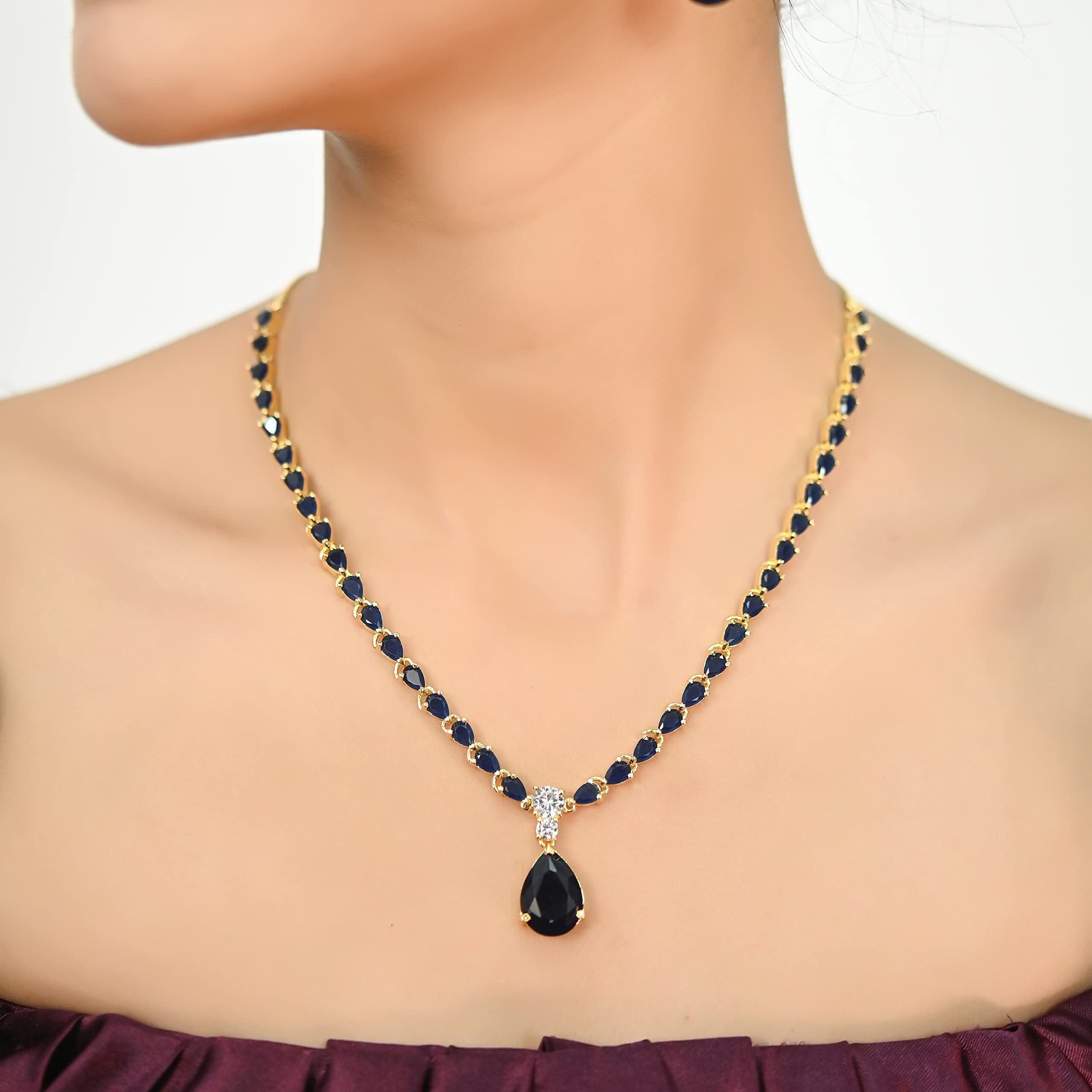 Ratnavali Jewels American Diamond CZ Gold Plated Designer Blue Sapphire Jewellery Set/Necklace Set with Chain & Earring for Girls/Women (RV2762B)