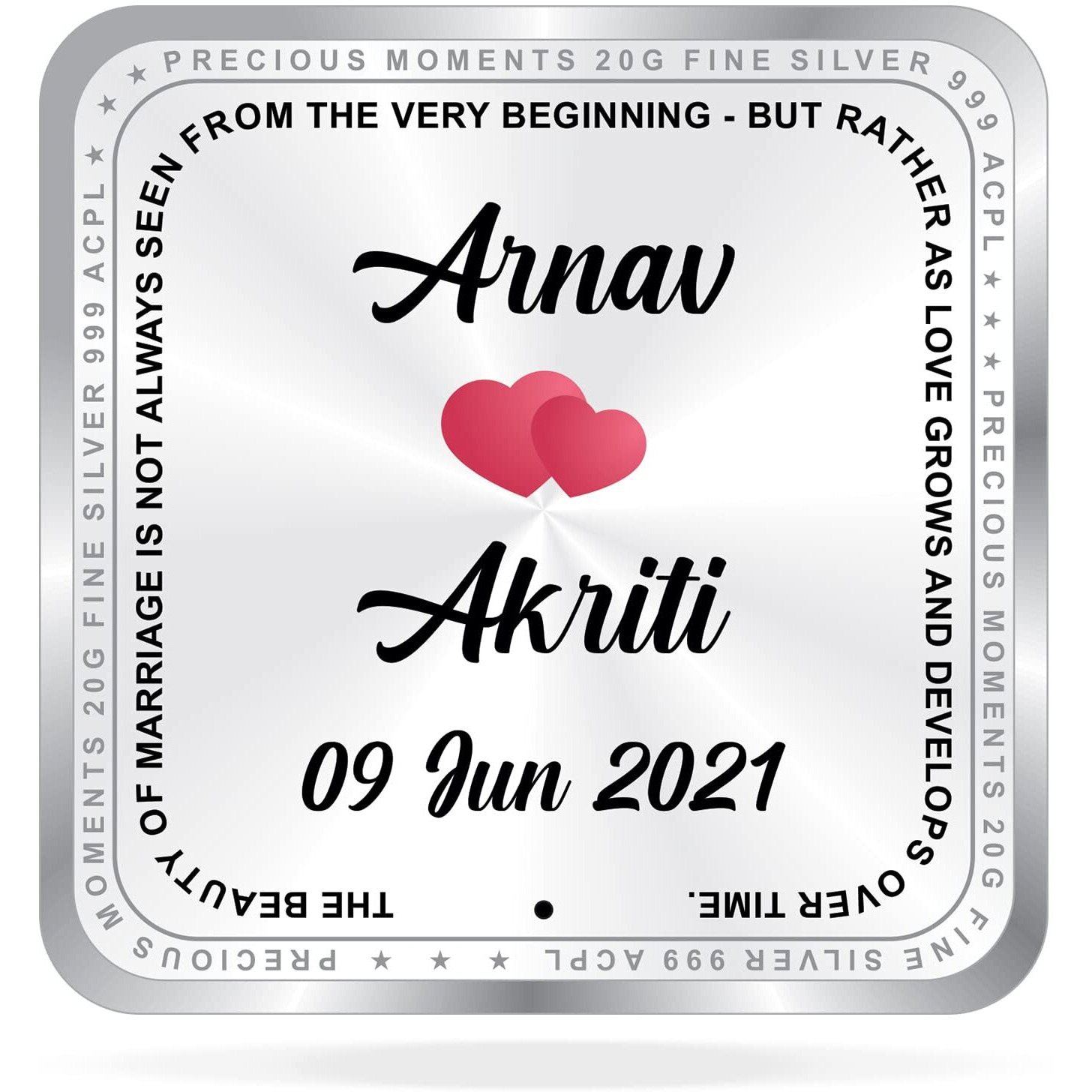 Precious Moments BIS Hallmarked Personalised Newly Married Silver Square Coin 20 Gram 999 Pure