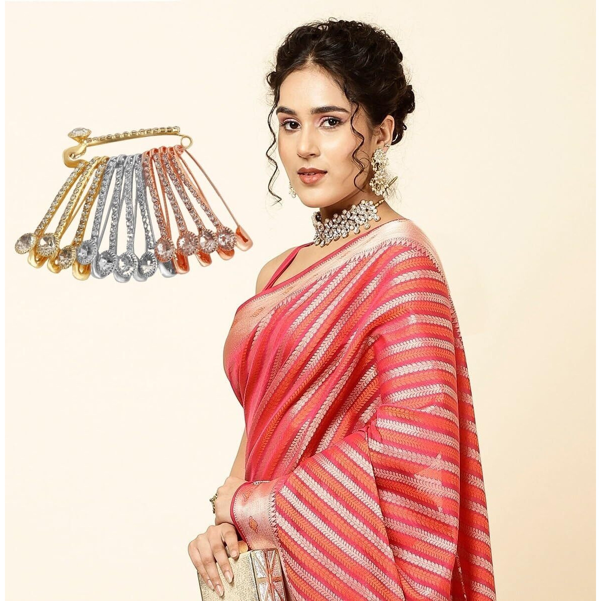 VAMA FASHIONS Golden Crystal Stone Sarees Brooch Coat Dress Gown Shawl Bridal Safety saree pins for Women Girls (saree pin for pleats)
