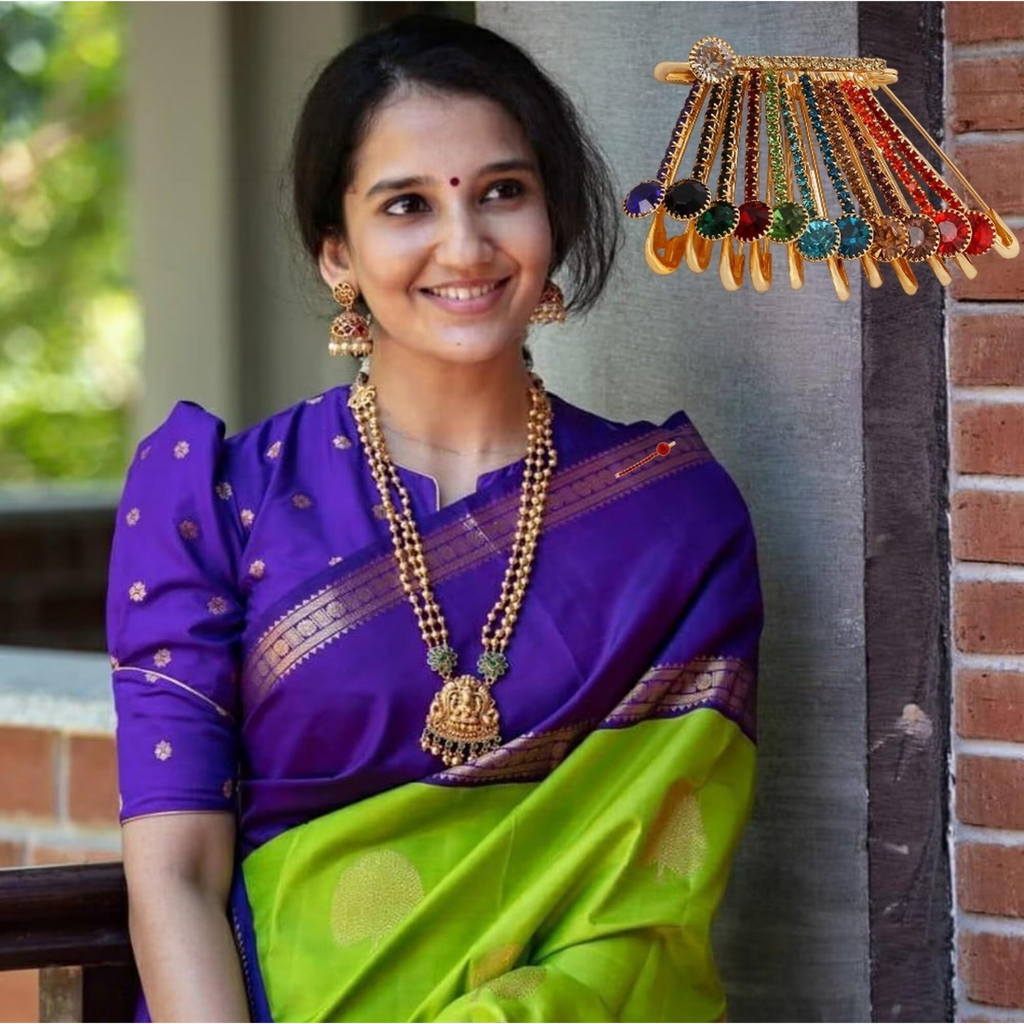 VAMA FASHIONS Golden Crystal Stone Sarees Brooch Coat Dress Gown Shawl Bridal Safety saree pins for Women Girls (Multicolour brooch Pin)