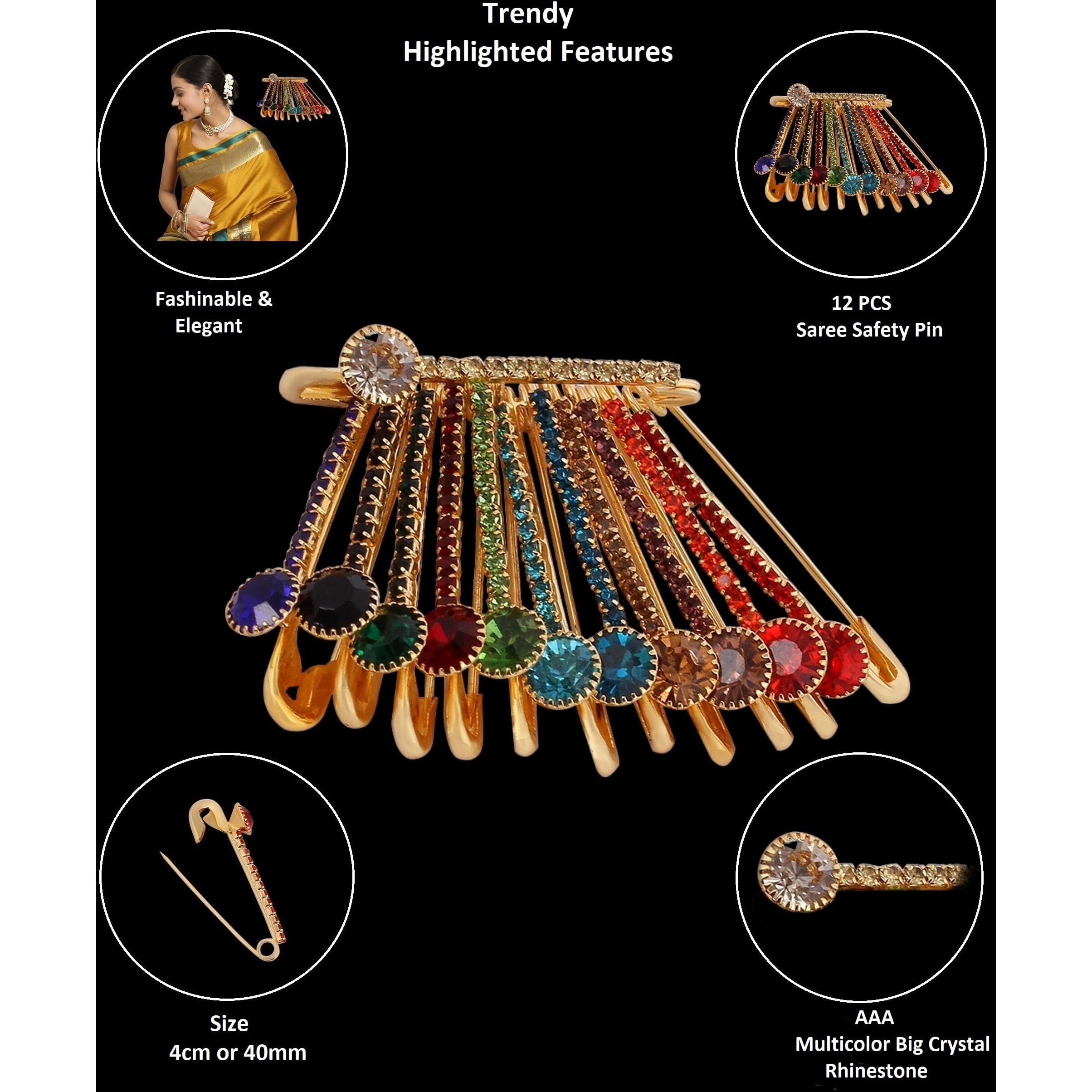 VAMA FASHIONS Golden Crystal Stone Sarees Brooch Coat Dress Gown Shawl Bridal Safety saree pins for Women Girls (Multicolour brooch Pin)