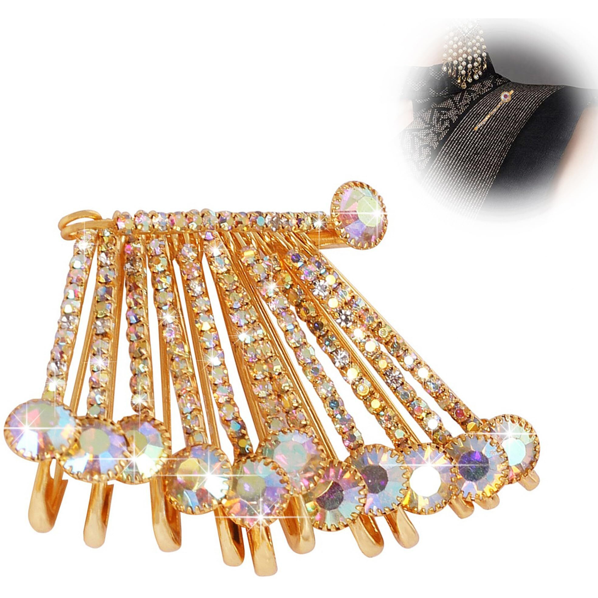 VAMA FASHIONS Golden Crystal Stone Sarees Brooch Coat Dress Gown Shawl Bridal Safety saree pins for Women Girls (Golden saree pin)