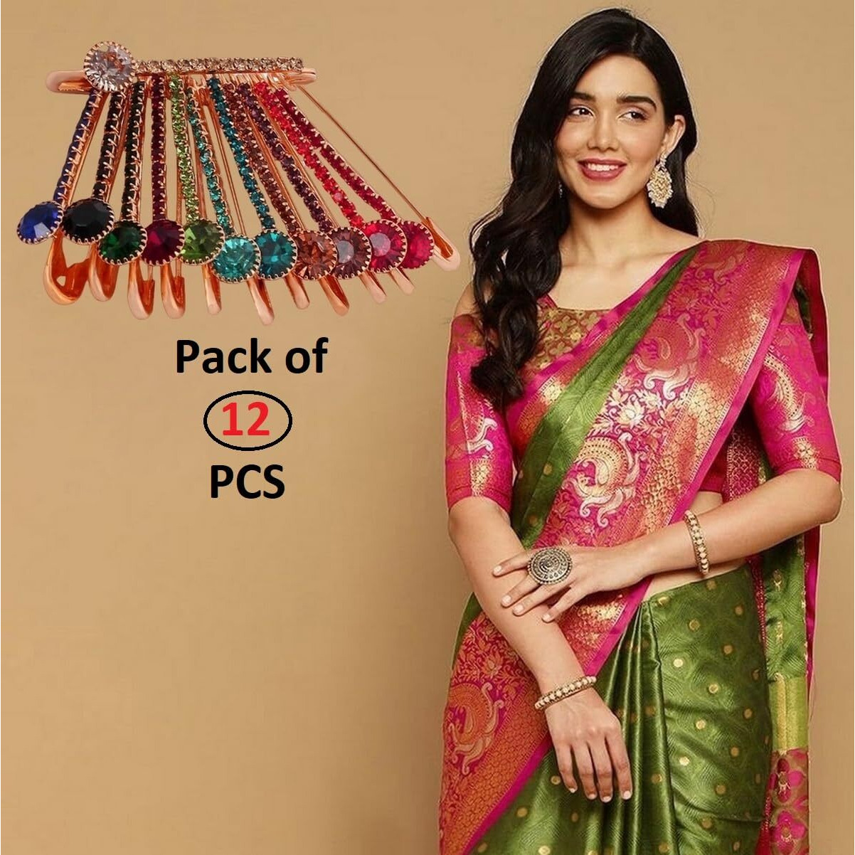 VAMA FASHIONS Golden Crystal Stone Sarees Brooch Coat Dress Gown Shawl Bridal Safety saree pins for Women Girls (Saree pin fancy)