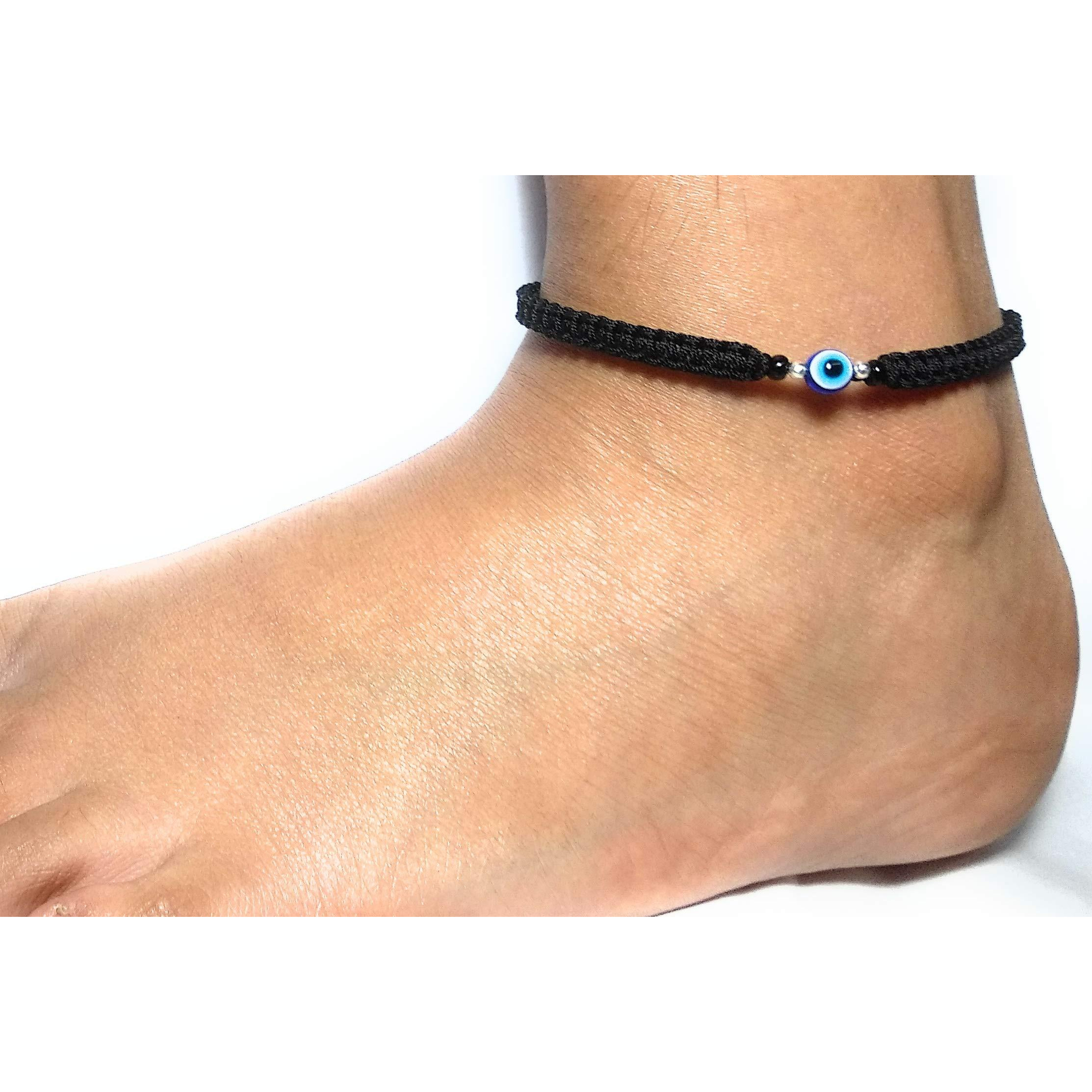 Mohna Sterling Silver Black Cord with Evil Eye Anklet for Women & Girls (Black)