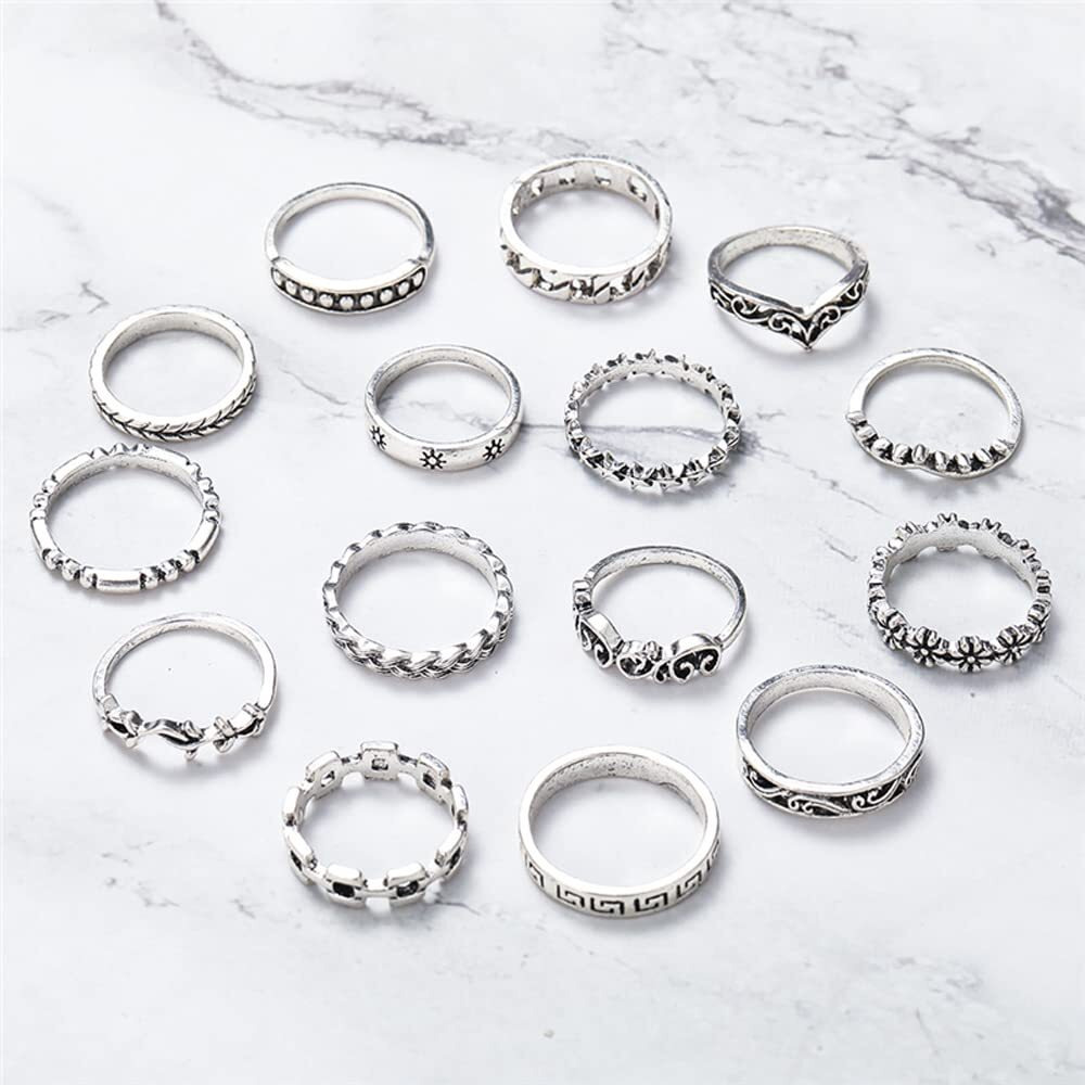 Shining Diva Fashion Latest Stylish Metal Boho Midi Finger Rings for Women and Girls - Set of 15 (D12981r), Silver