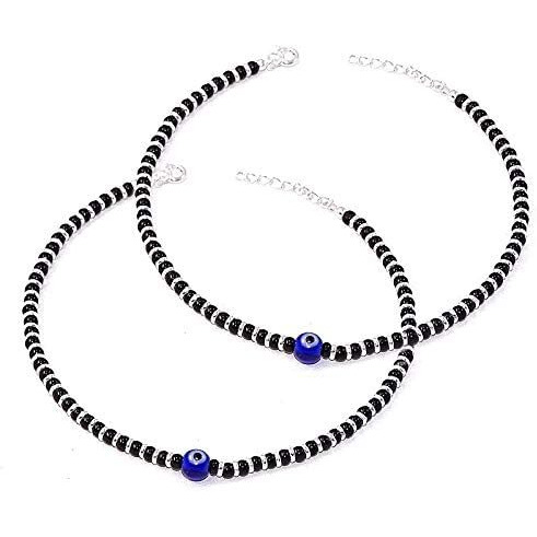ARTIFICIAL TREE Latest Trend Brass Metal Evil Eye Charm Nazariya Payal (Anklet) with Black & Silver Beads (Crystal) for Girls and Women (AT ANK 008)