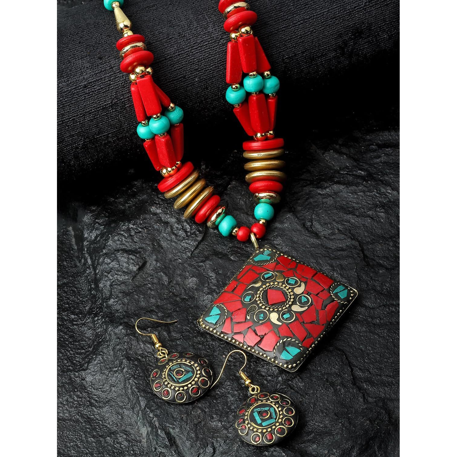 Shining Diva Fashion Latest Stylish Traditional Tibetan Pendant Necklace Jewellery Set for Women (rrsd15549s)