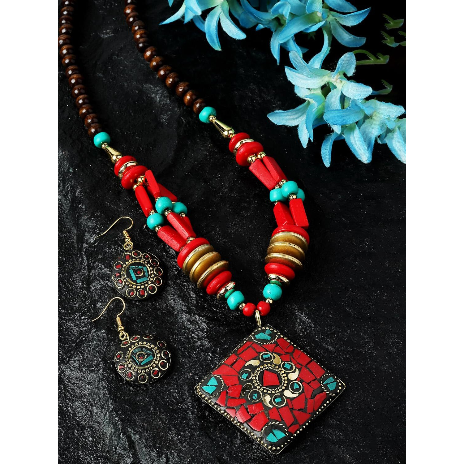 Shining Diva Fashion Latest Stylish Traditional Tibetan Pendant Necklace Jewellery Set for Women (rrsd15549s)