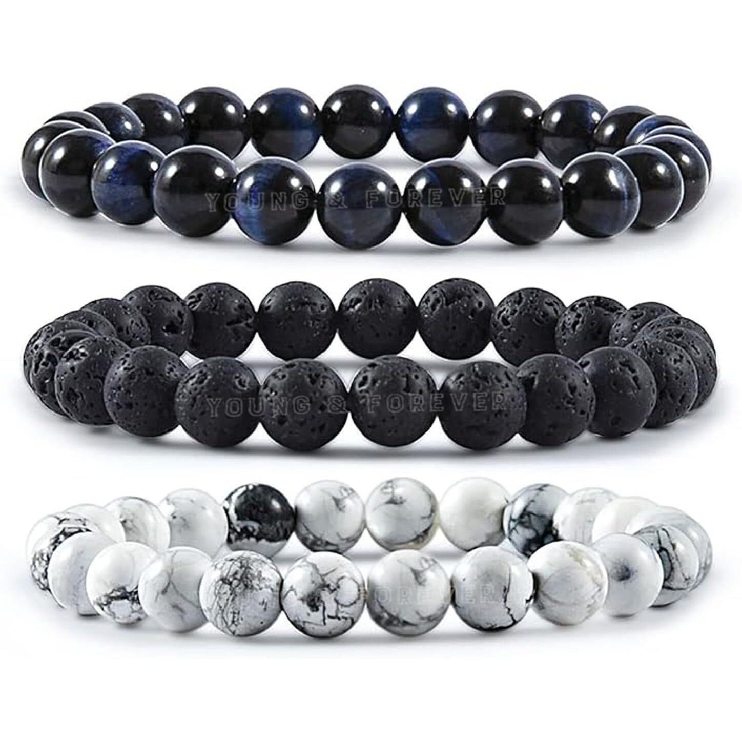 Young & Forever Reiki Crystal Beads Bracelets Original Hawks Tiger Eye Howlite and Lava Rock Set of 3 Bracelet Set
