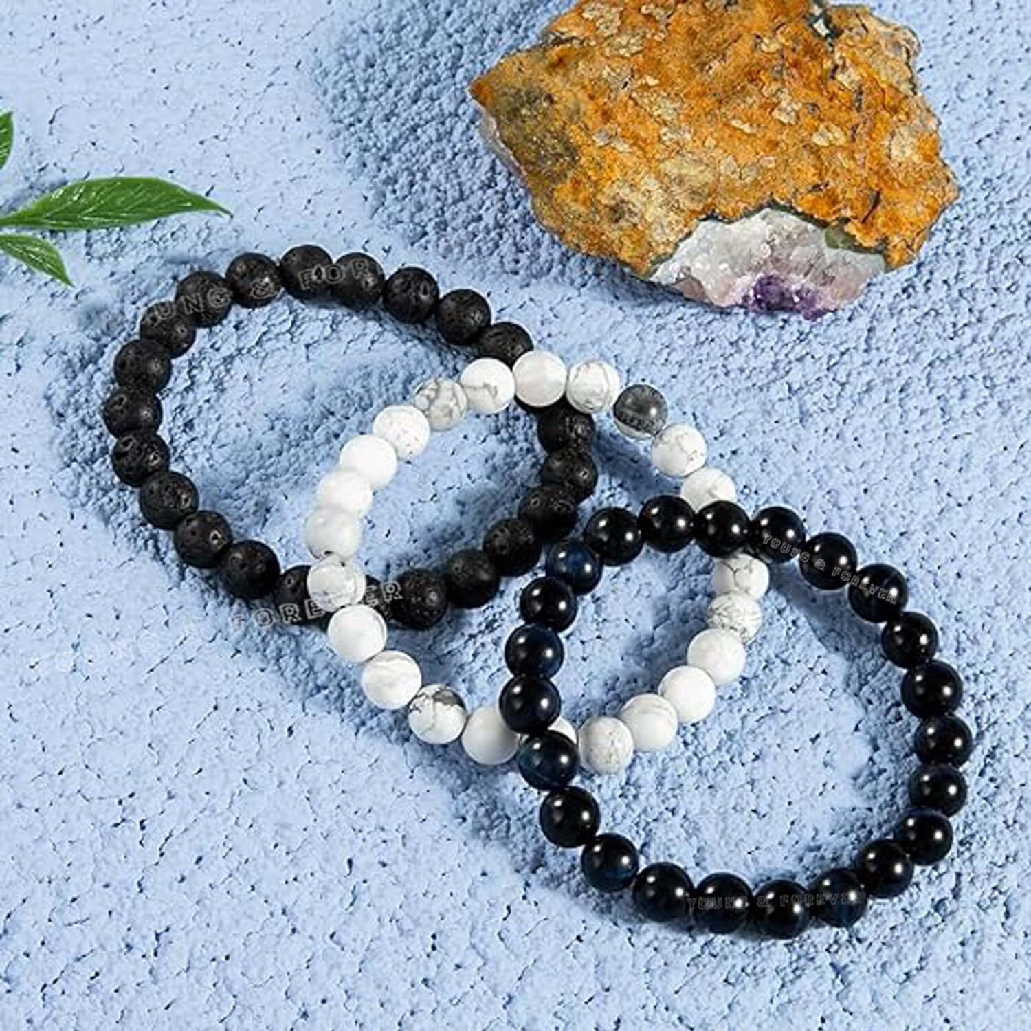 Young & Forever Reiki Crystal Beads Bracelets Original Hawks Tiger Eye Howlite and Lava Rock Set of 3 Bracelet Set