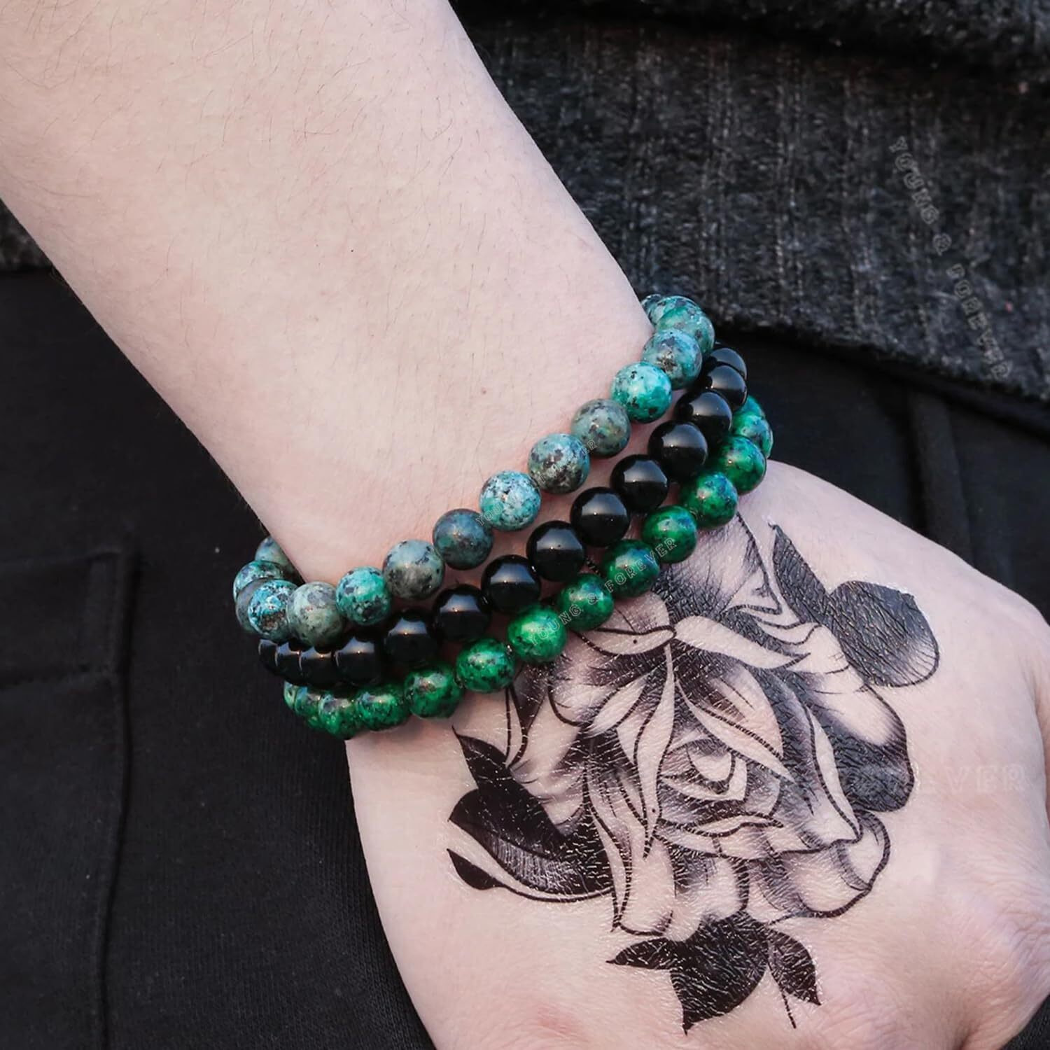 Young & Forever Reiki Crystal Beads Bracelets Original Black Onyx Ruby Zoiste African Turquoise Set of 3 Bracelet Set