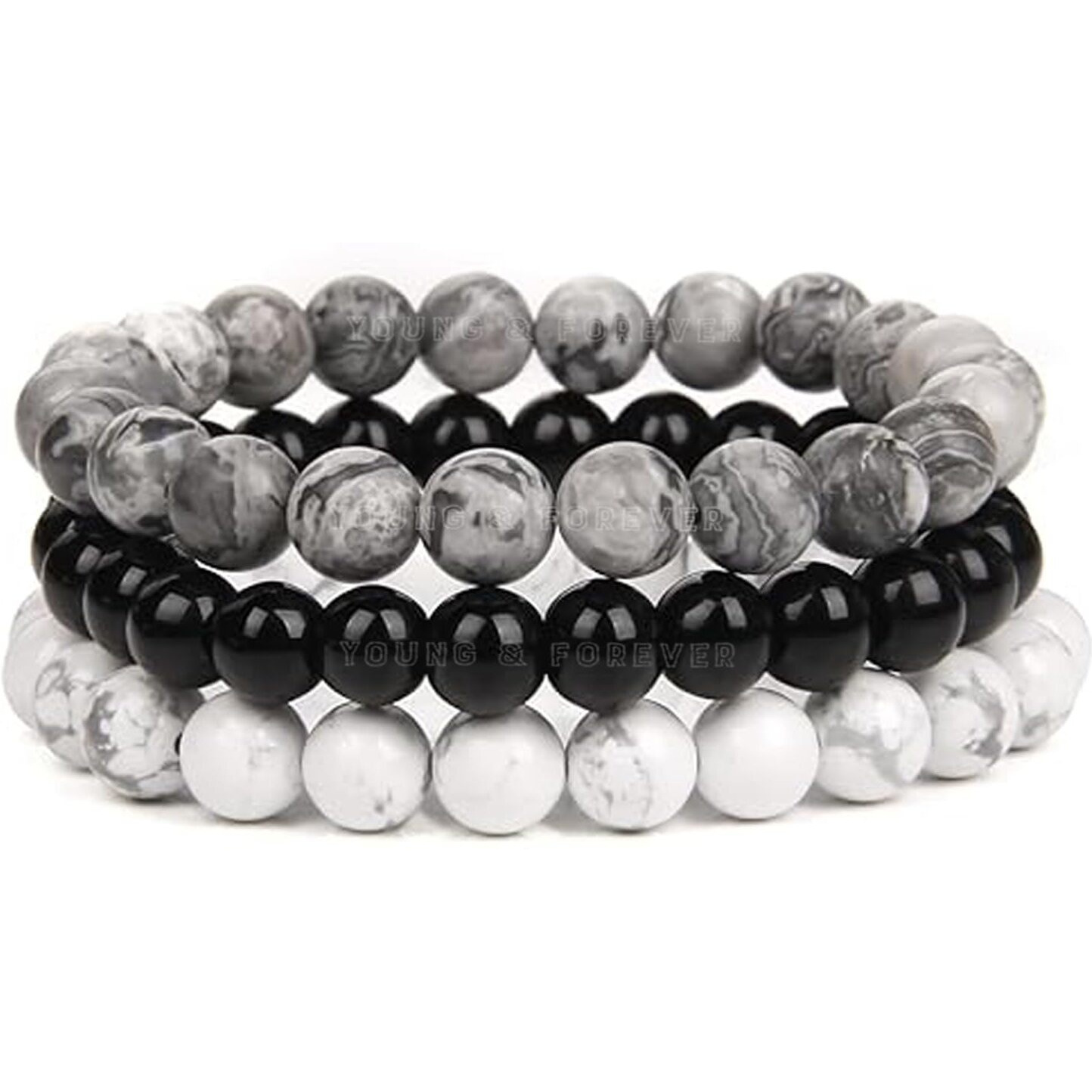 Young & Forever Reiki Crystal Beads Bracelets Original Black Onyx Howlite Map Jasper Set of 3 Bracelet Set