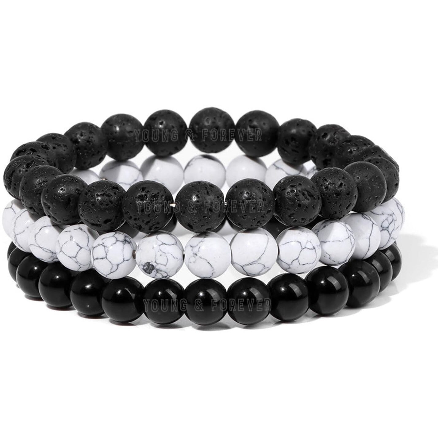 Young & Forever Reiki Crystal Beads Bracelets Original Black Onyx Howlite Lava Rock Set of 3 Bracelet Set
