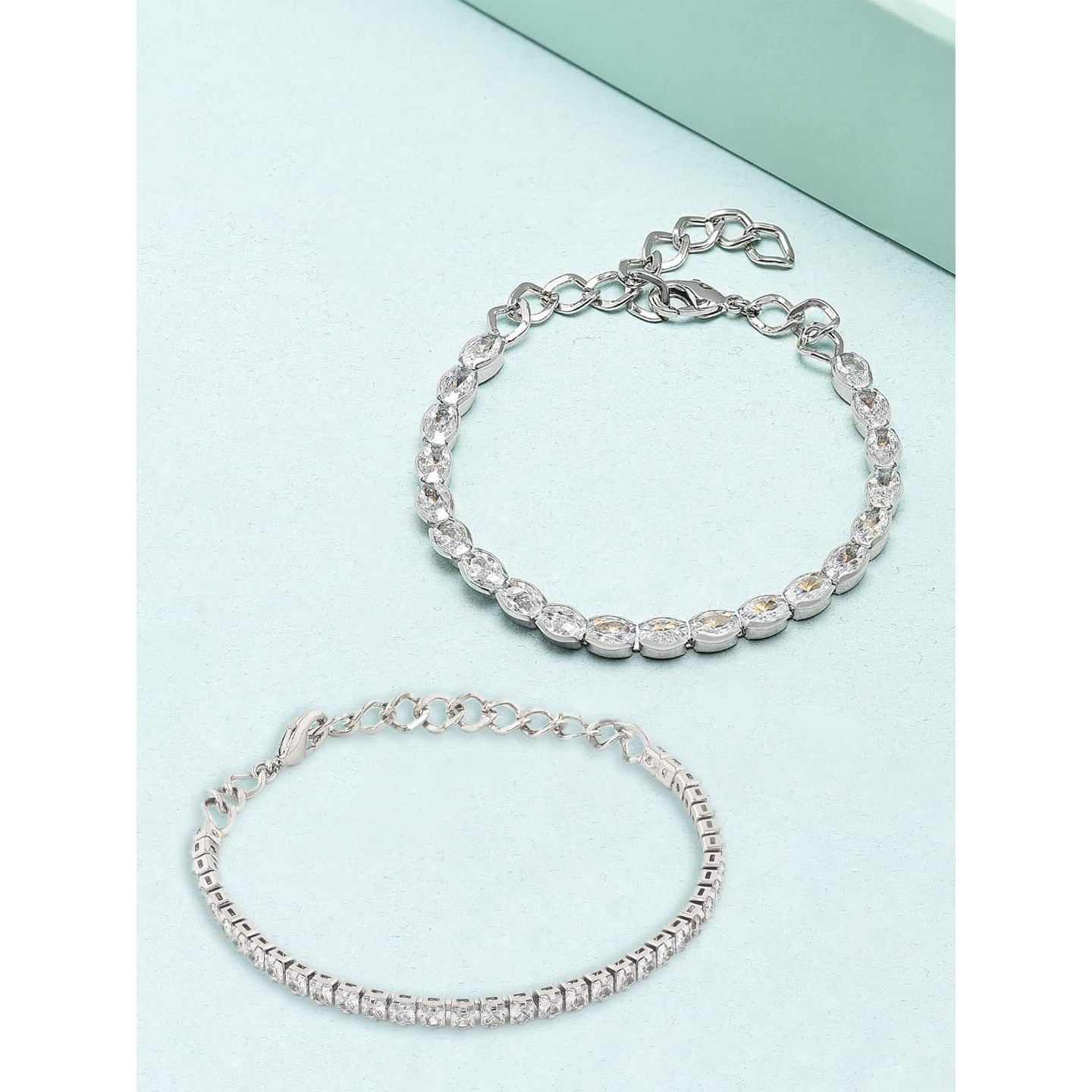 ZAVERI PEARLS Set of 2 Silver Tone Contemporary Cubic Zirconia Brass Tennis Bracelets For Women-ZPFK13466