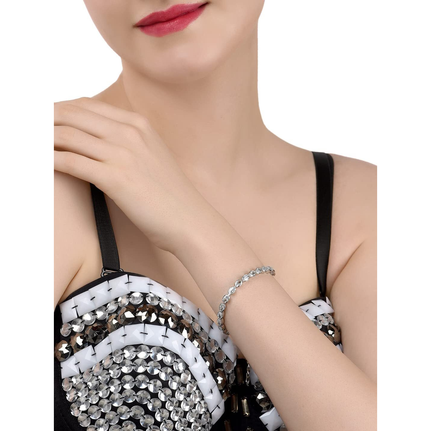 ZAVERI PEARLS Set of 2 Silver Tone Contemporary Cubic Zirconia Brass Tennis Bracelets For Women-ZPFK13466