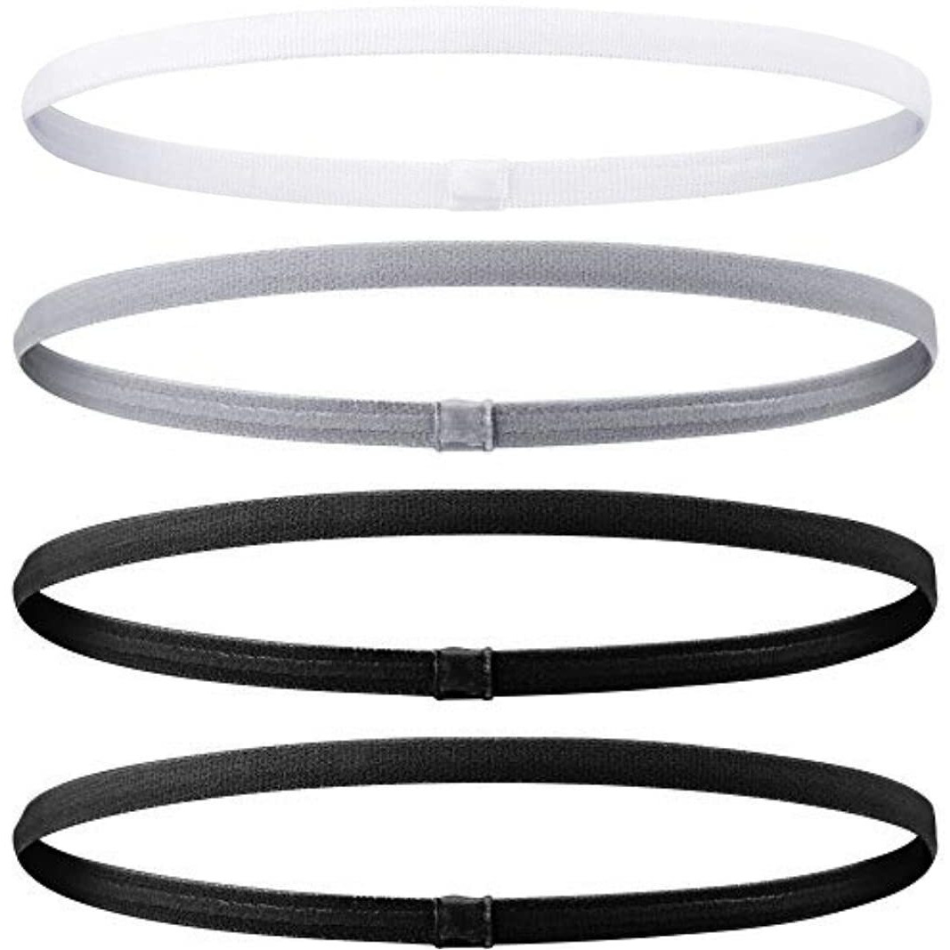 Seeotwo 4 Pieces Thick And Slim Non-Slip Elastic Sports Headbands - Athletic Skinny Hair Headband For Women, Men, Boys, Girls - Silicone Grip Hairband Mini Stylish Sweat Band (Black, Grey, White)