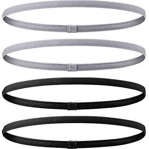 Seeotwo 4 Pieces Thick And Slim Non-Slip Elastic Sports Headbands - Athletic Skinny Hair Headband For Women, Men, Boys, Girls - Silicone Grip Hairband Mini Stylish Sweat Band (Black, Grey)