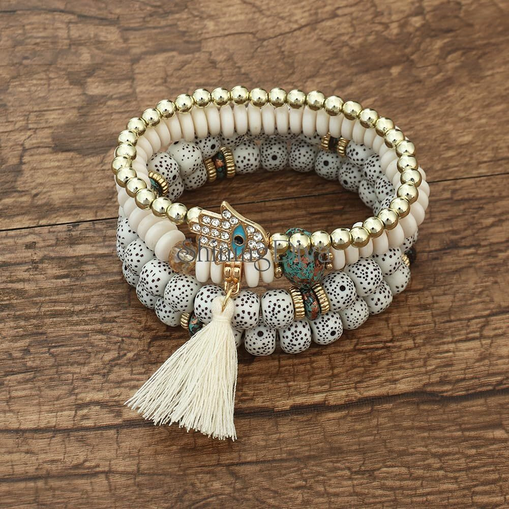 Shining Diva Fashion Latest Stylish Evil Eye Boho Bohemian Bangle Bracelet for Women and Girls (15423b)(Beige)
