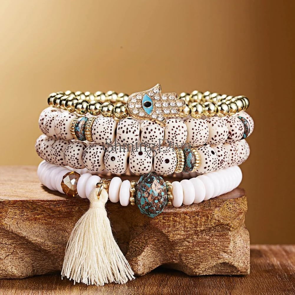 Shining Diva Fashion Latest Stylish Evil Eye Boho Bohemian Bangle Bracelet for Women and Girls (15423b)(Beige)