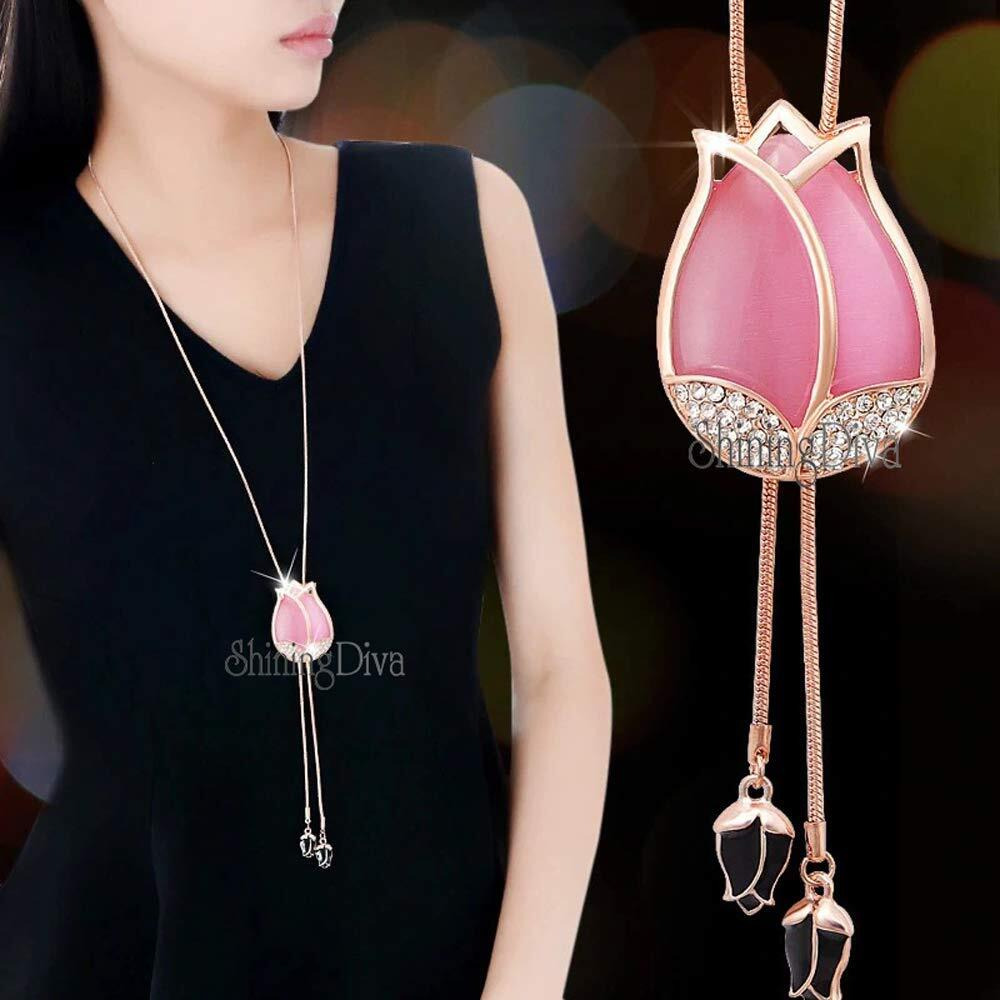 Shining Diva Fashion Pink Non Precious Metal Base Metal Crystal Tulip Flower Long Chain Pendant Necklace for Women and Girls (9276np)