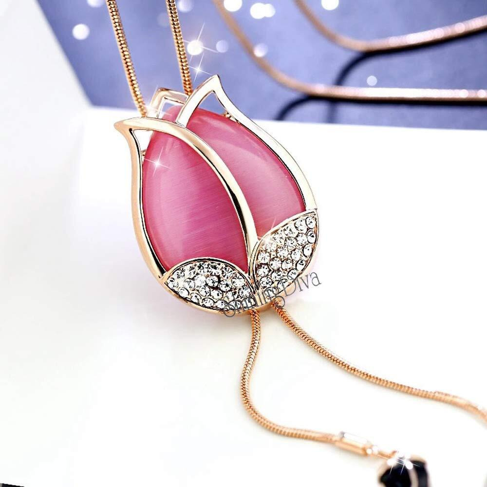 Shining Diva Fashion Pink Non Precious Metal Base Metal Crystal Tulip Flower Long Chain Pendant Necklace for Women and Girls (9276np)