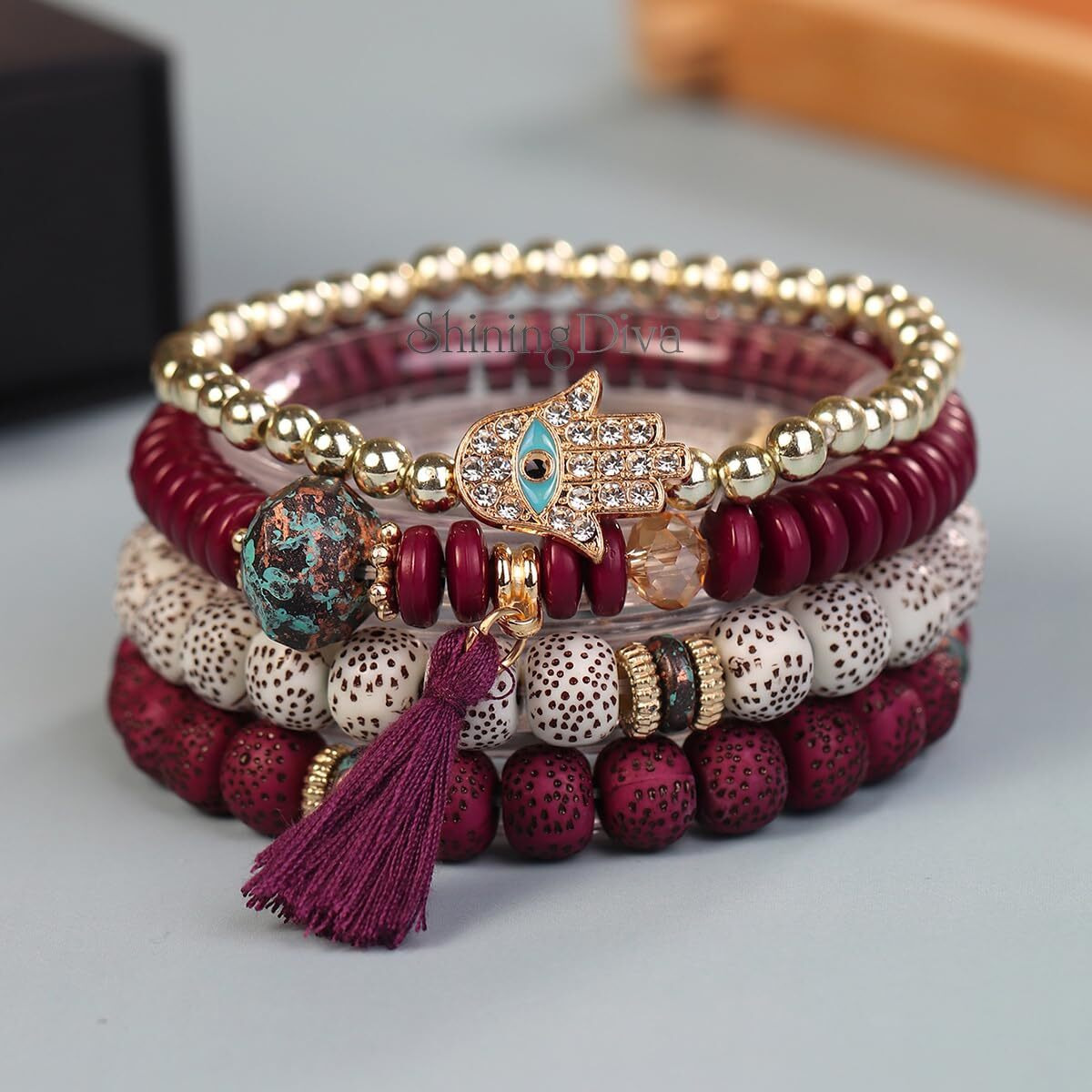 Shining Diva Fashion Latest Stylish Evil Eye Boho Bohemian Bangle Bracelet for Women and Girls (15427b)(Maroon)