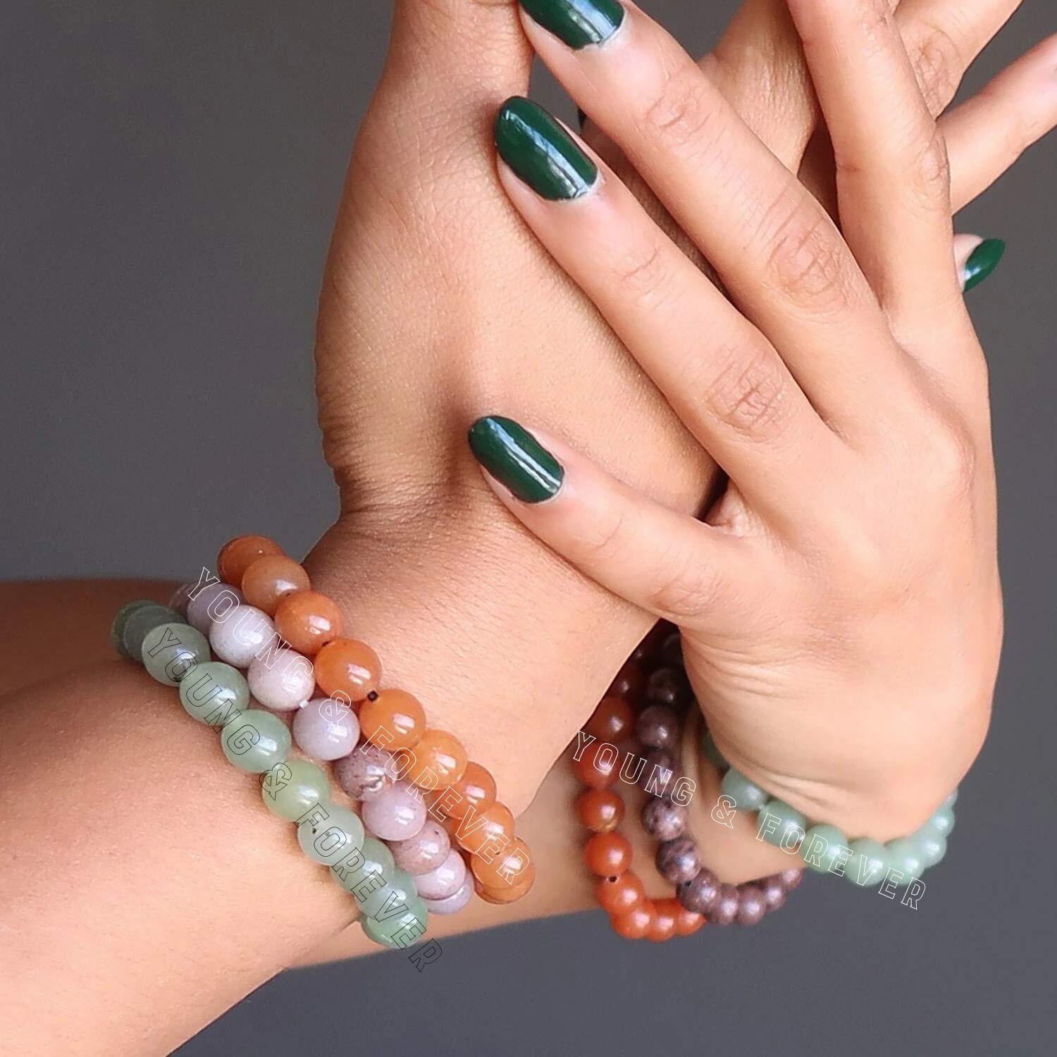 Young & Forever Gift Certified Reiki Crystal Semi Precious Gemstone Aventurine Bracelet Abundance Energy Healing Stone Stretch Bracelet for Men and Women