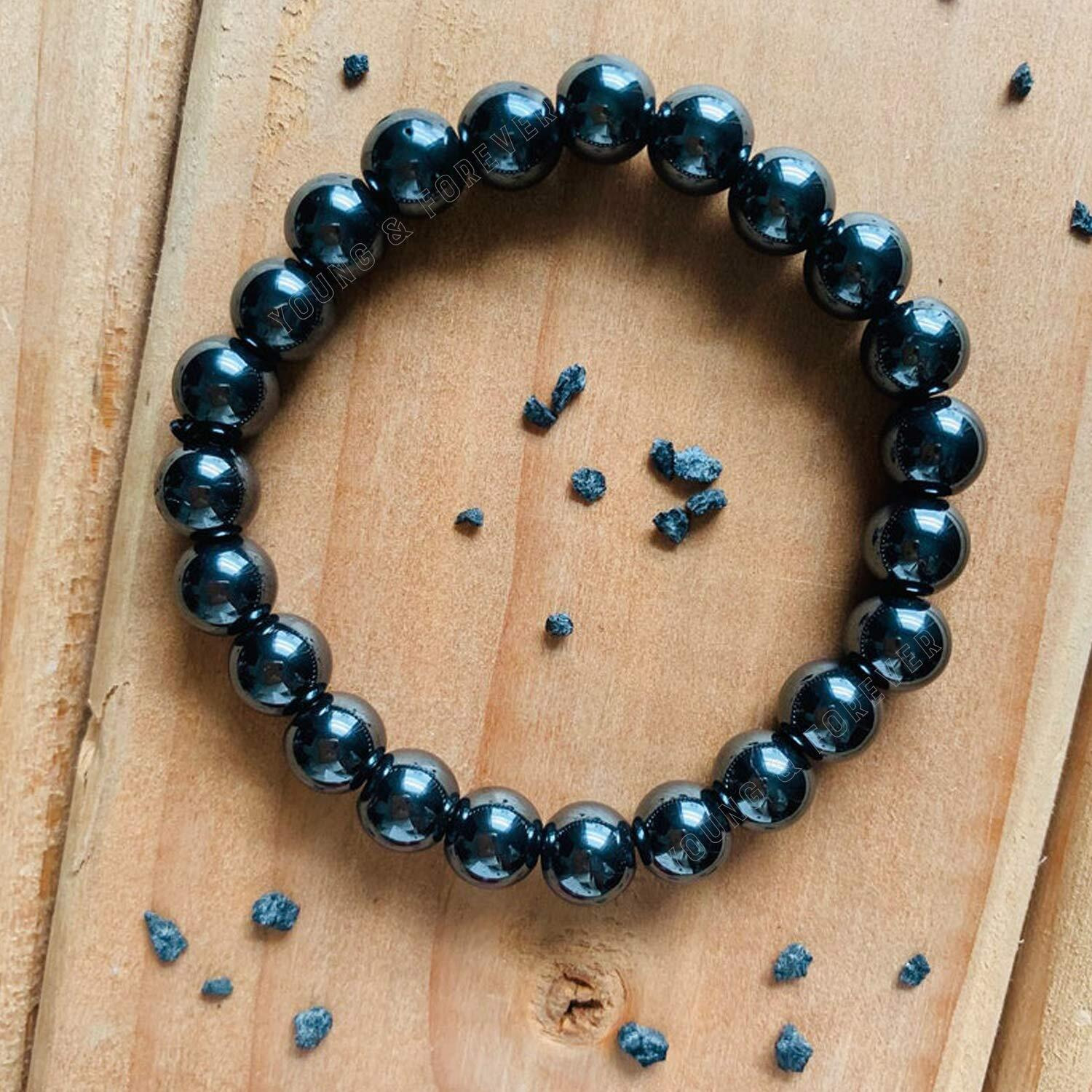 Young & Forever Gift Certified Reiki Crystal Semi Precious Gemstone Hematite Bracelet for Detoxification and Balance Healing Stone Stretch Bracelet for Men and Women