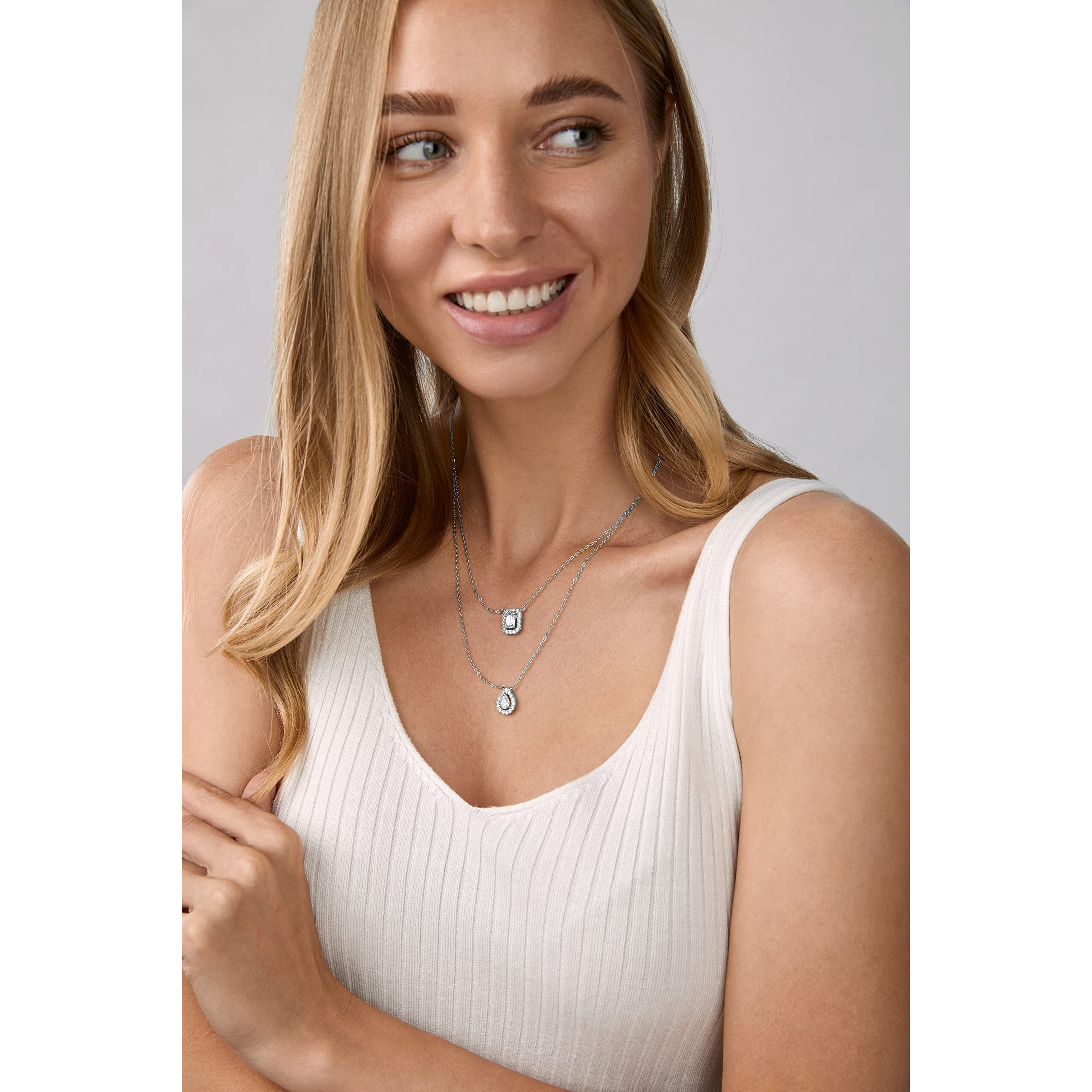 MINUTIAE Rose Gold Plated Double Layered Chain Necklace With Pear & Square Cut Diamond Pendant With Austrian Cubic Zirconia For Women And Girls With Extendable Chain