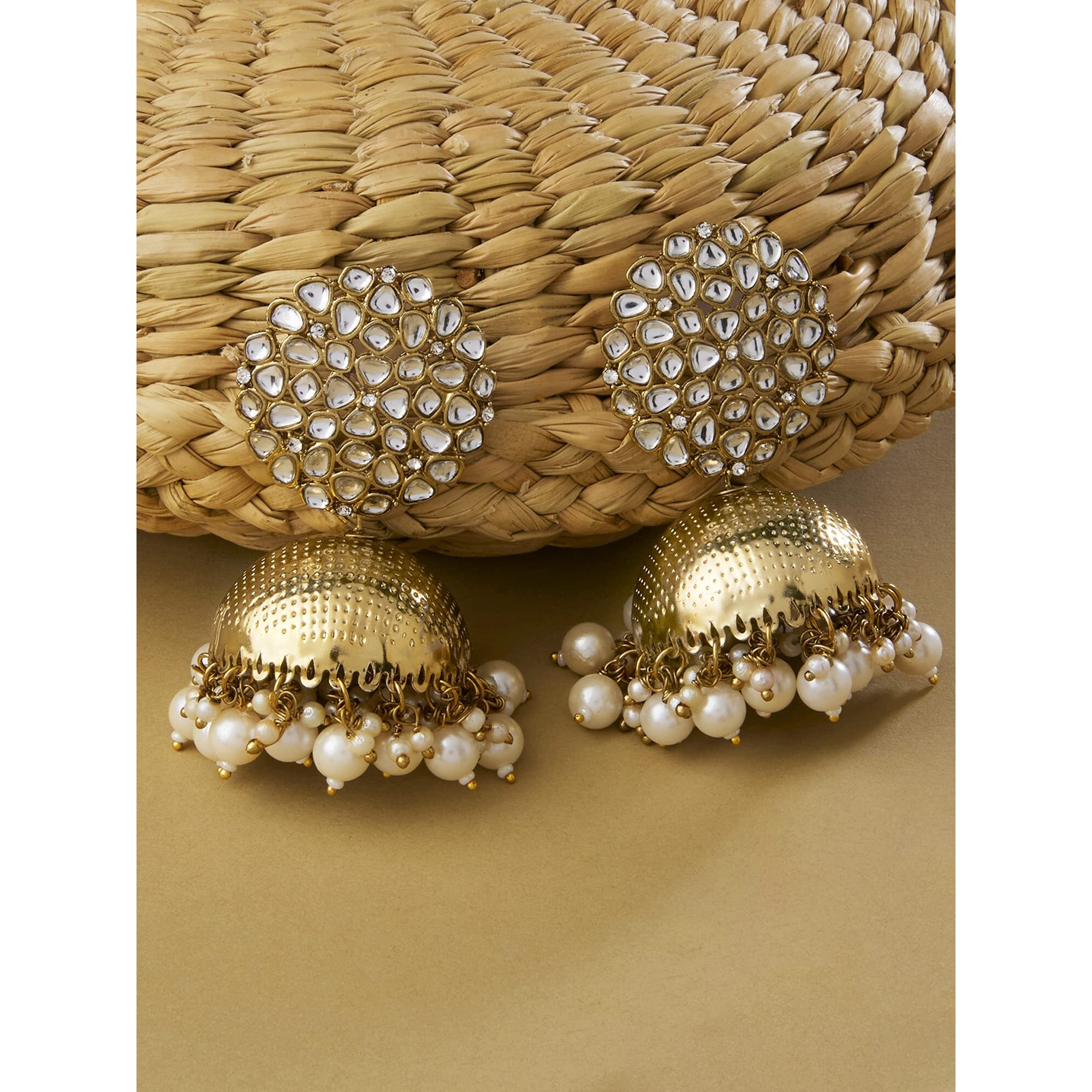 Zaveri Pearls Antique Gold Tone Kundan Embellished Jhumki Earring For Women-ZPFK14763