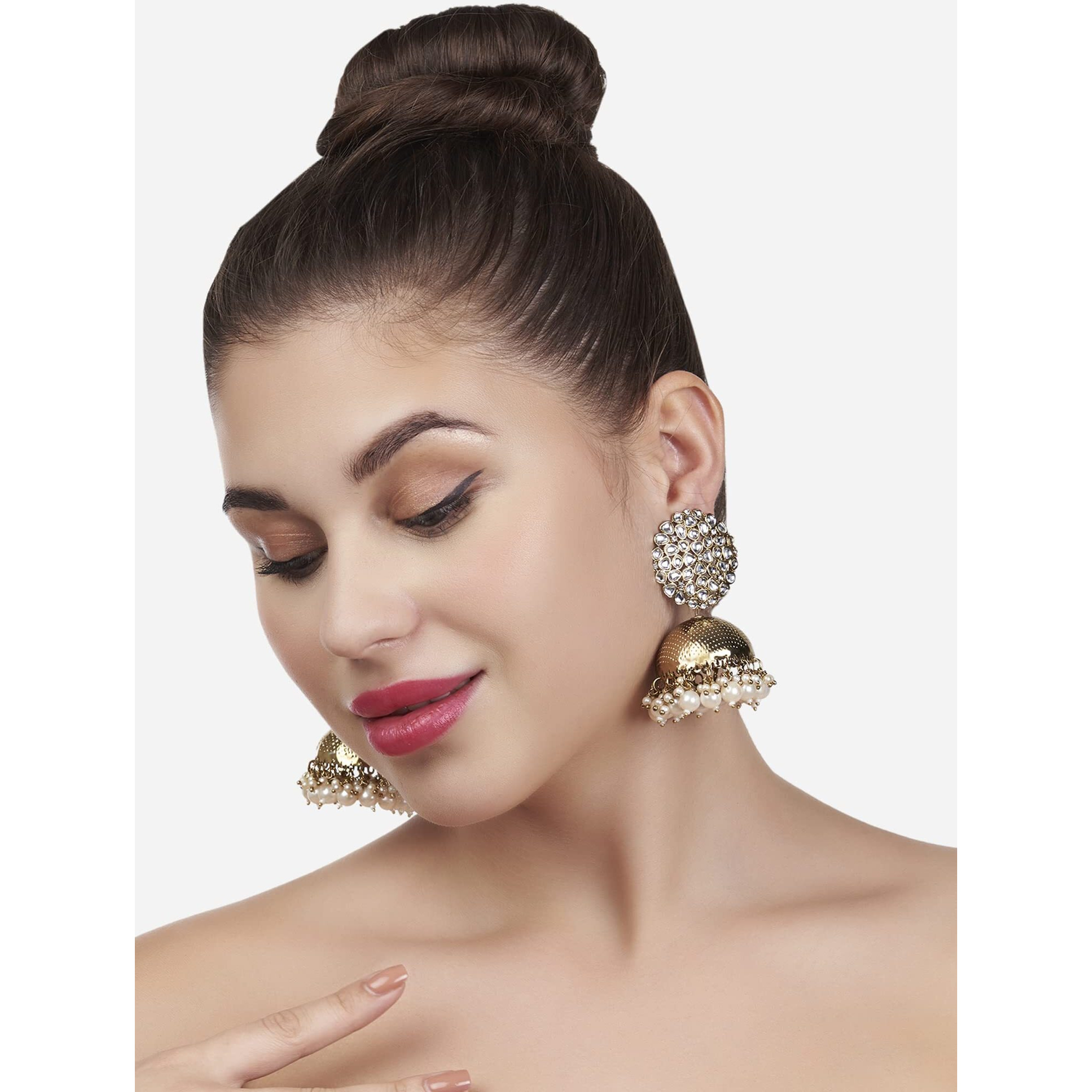 Zaveri Pearls Antique Gold Tone Kundan Embellished Jhumki Earring For Women-ZPFK14763