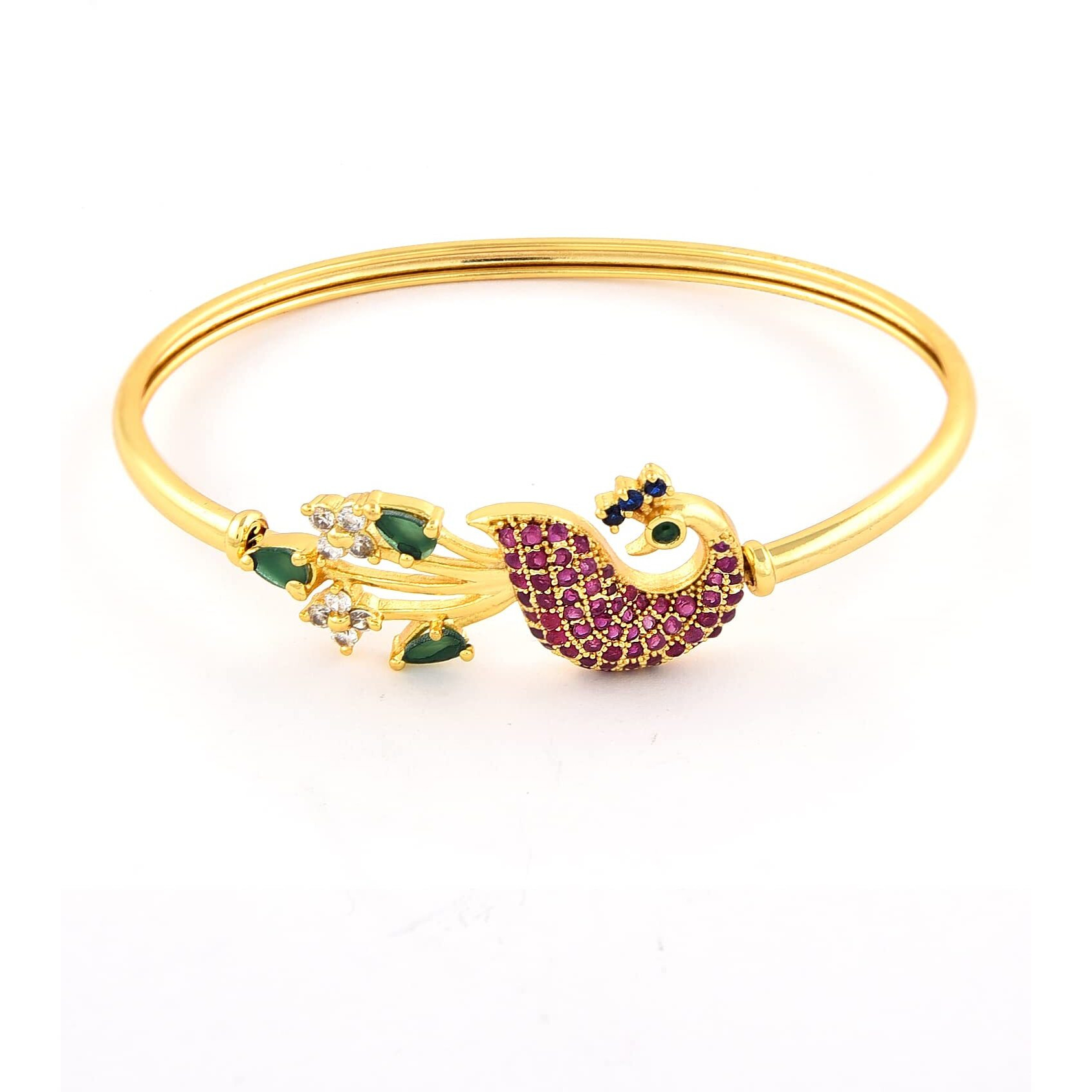 ZAVERI PEARLS Pink & Green Cubic Zirconia Peacock Inspired Bangle Style Brass Kada For Women-ZPFK10390