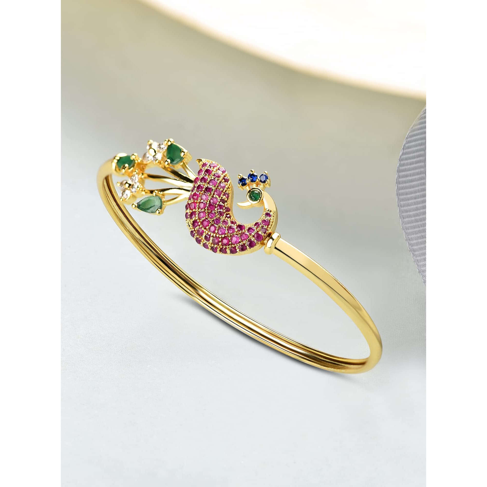 ZAVERI PEARLS Pink & Green Cubic Zirconia Peacock Inspired Bangle Style Brass Kada For Women-ZPFK10390
