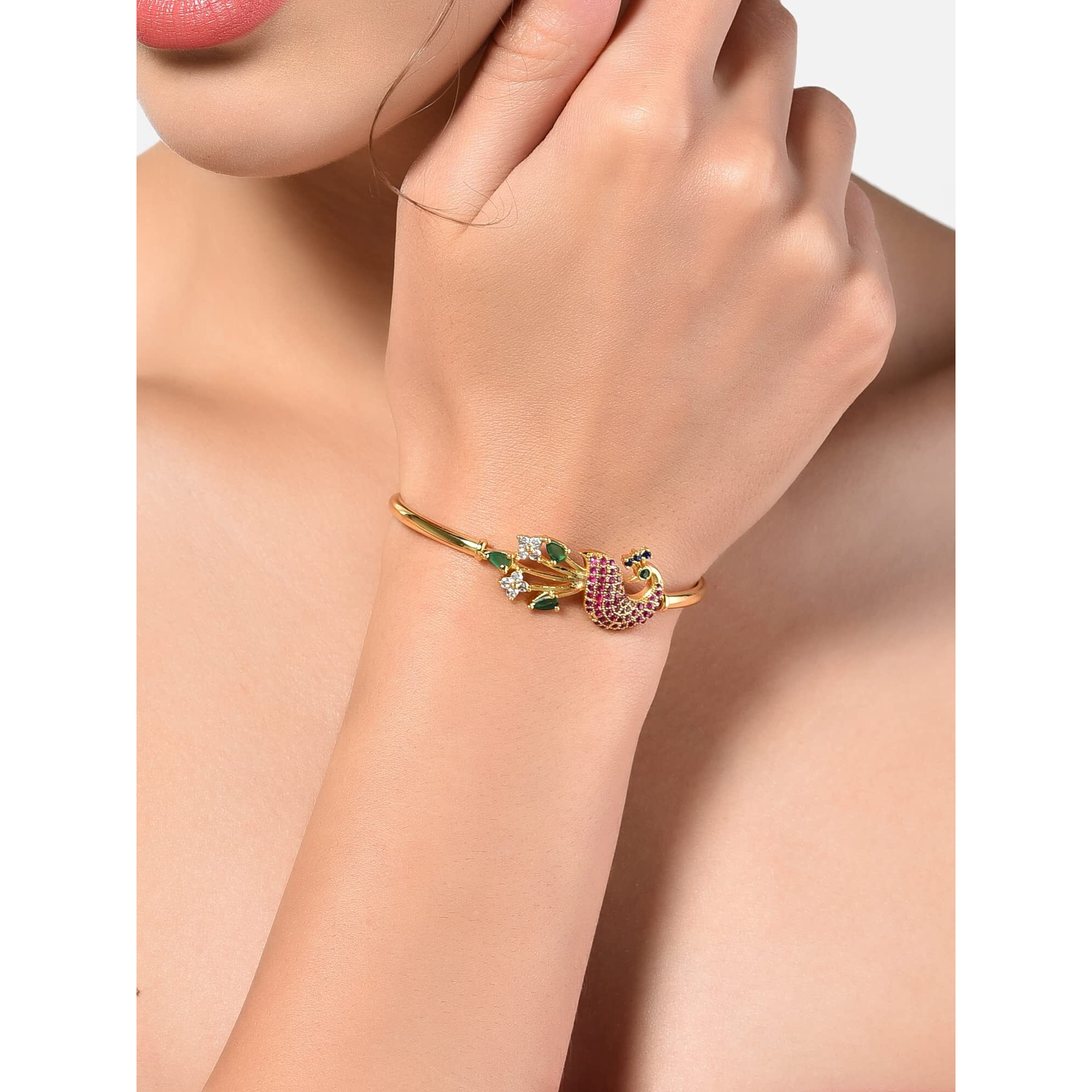 ZAVERI PEARLS Pink & Green Cubic Zirconia Peacock Inspired Bangle Style Brass Kada For Women-ZPFK10390