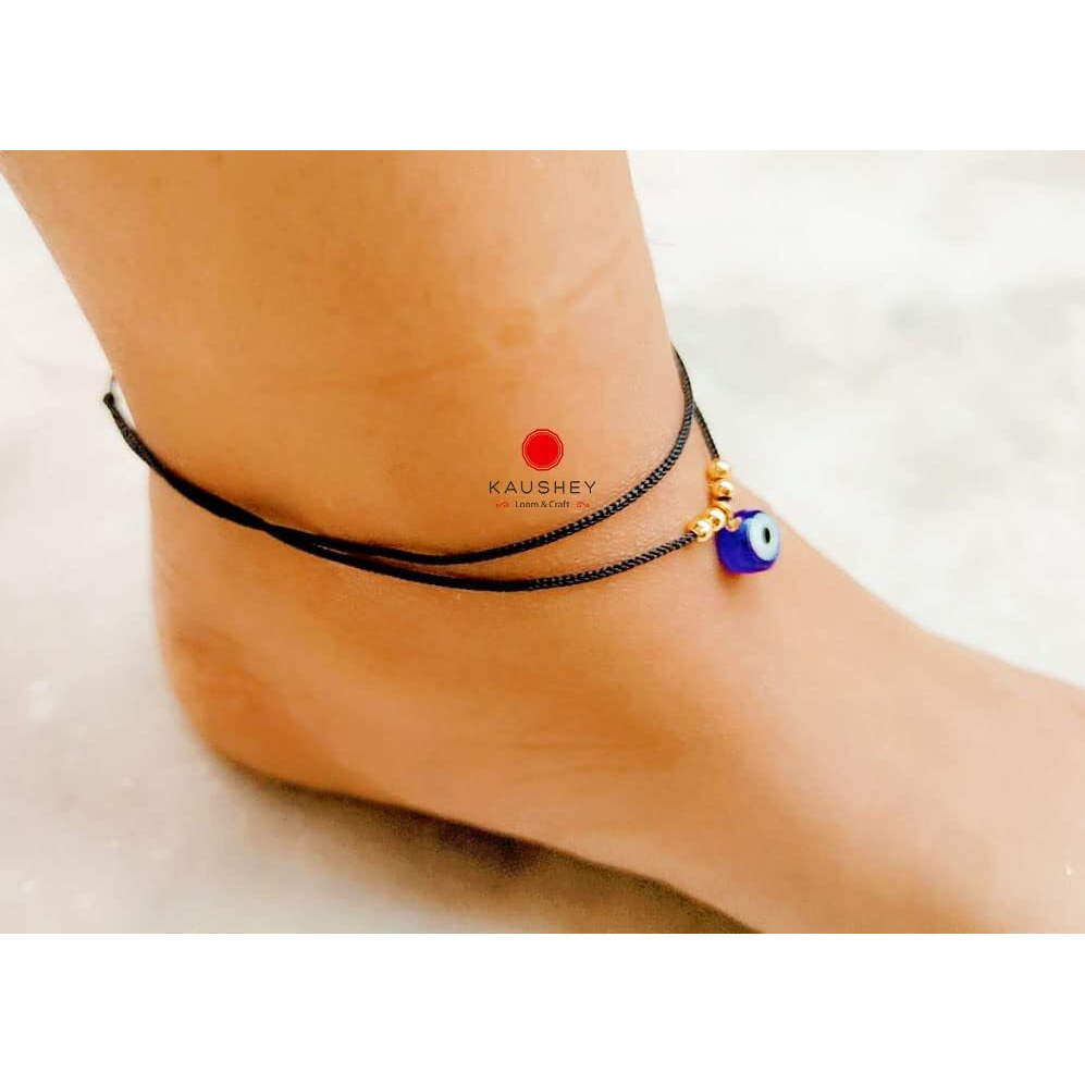 Kaushey loom & craft Evil Eye Adjustable Anklet Bracelet Black Braided Foot Chain for Women and Girls, Free size black thread anklet(Pack of 1)