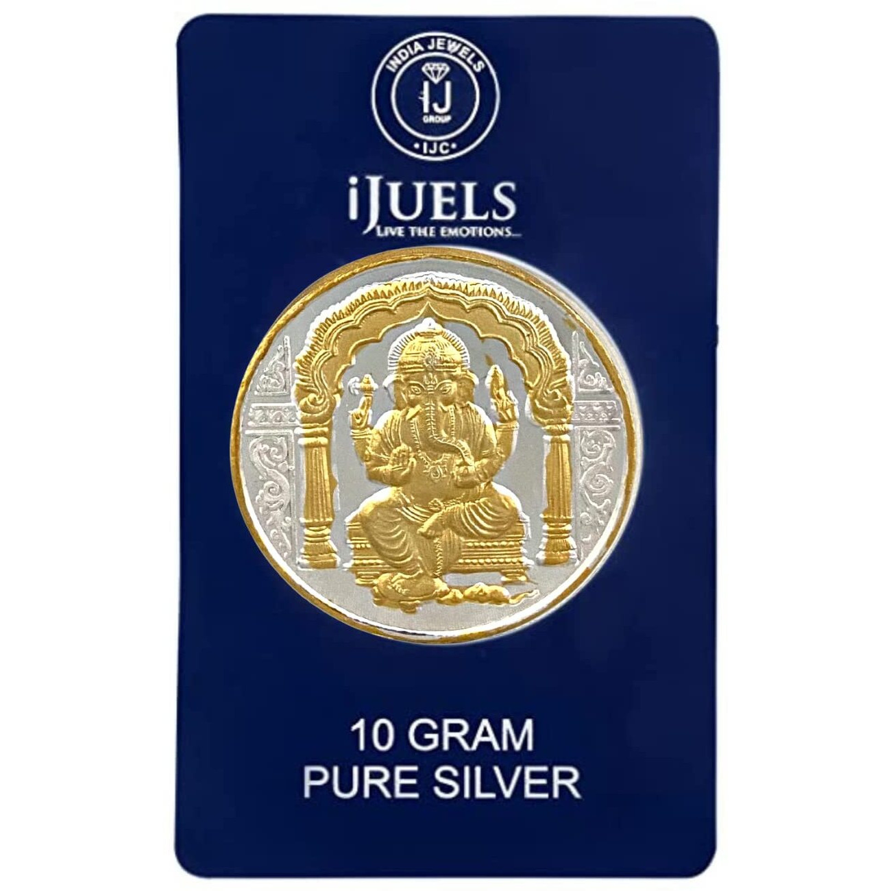 iJuels 999 fine Silver 10 Grams Ganeshji Silver coin with 22Kt Gold (Temperproof Pack)