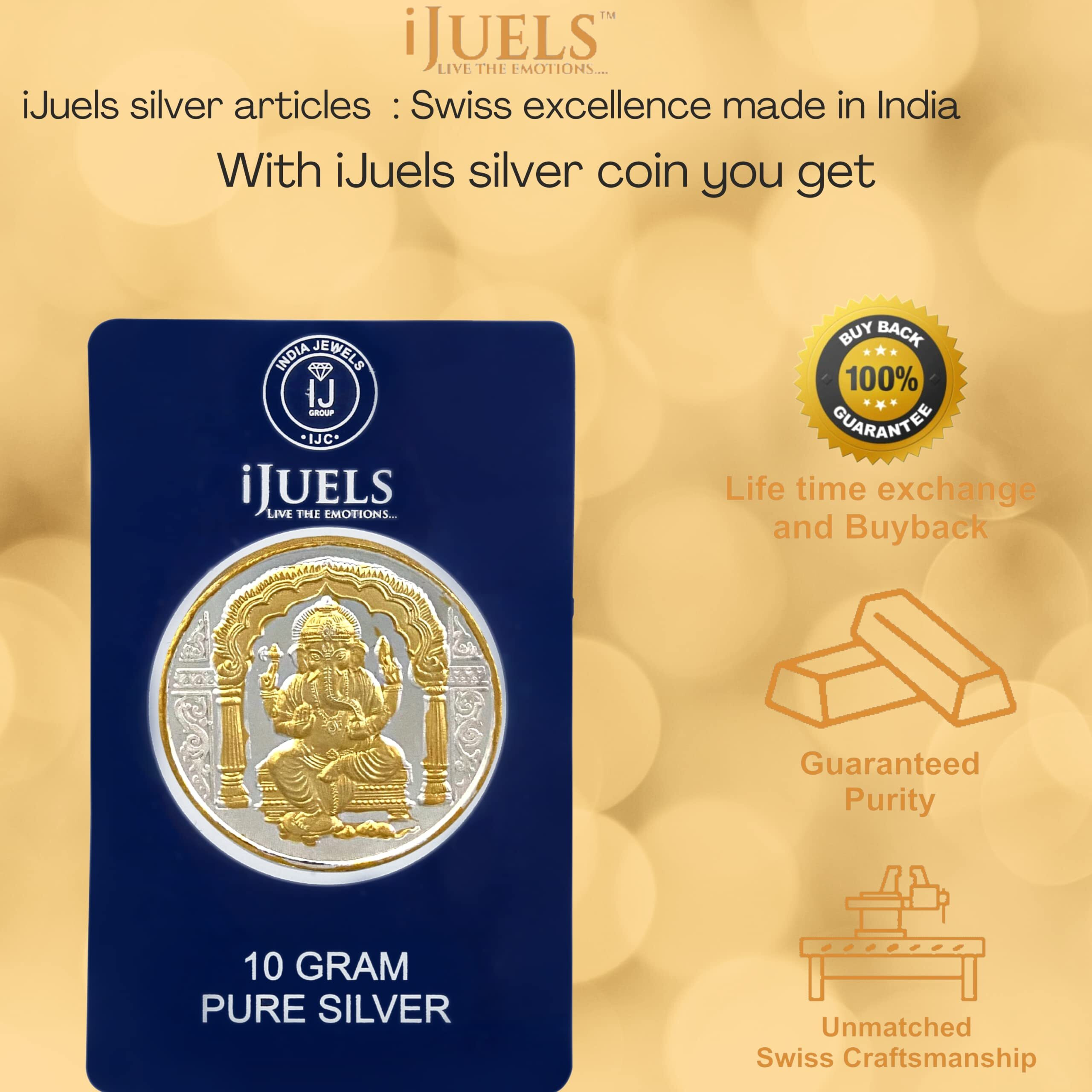 iJuels 999 fine Silver 10 Grams Ganeshji Silver coin with 22Kt Gold (Temperproof Pack)