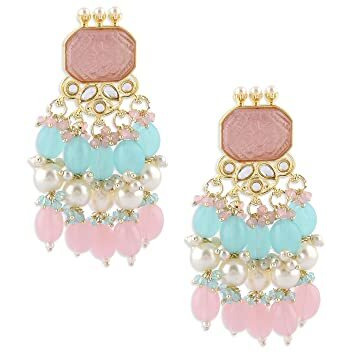 Zaveri Pearls Pink & Turquoise Stone & Cluster Beads Yellow Gold Drop Earring For Women-ZPFK15373