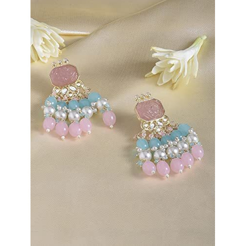 Zaveri Pearls Pink & Turquoise Stone & Cluster Beads Yellow Gold Drop Earring For Women-ZPFK15373
