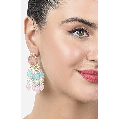 Zaveri Pearls Pink & Turquoise Stone & Cluster Beads Yellow Gold Drop Earring For Women-ZPFK15373