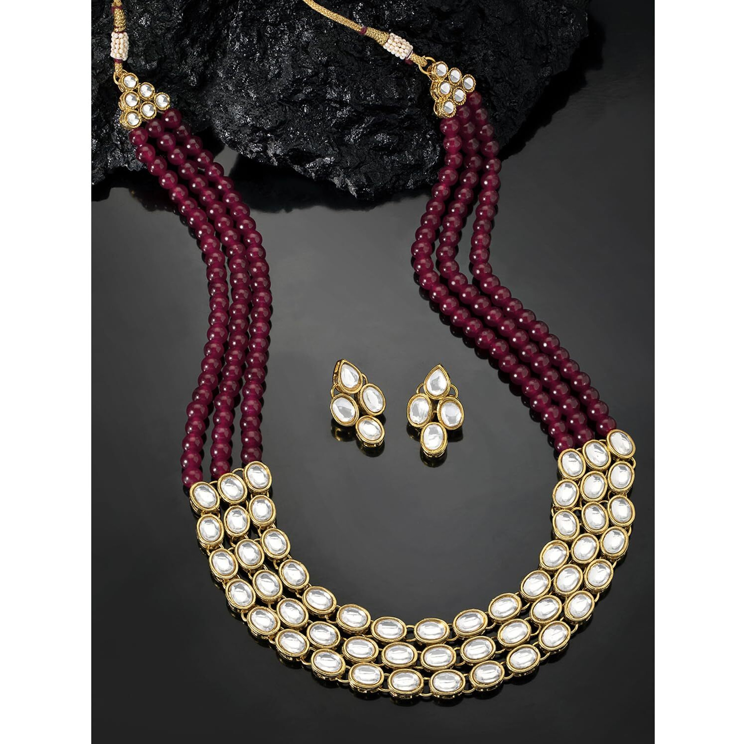 Peora Gold Plated Traditional Kundan Long Necklace Jewellery Set with Earring for Women Girls (Maroon)|Rakhi Rakshabandhan Gift for Sister Bhabhi, Gifts for Women