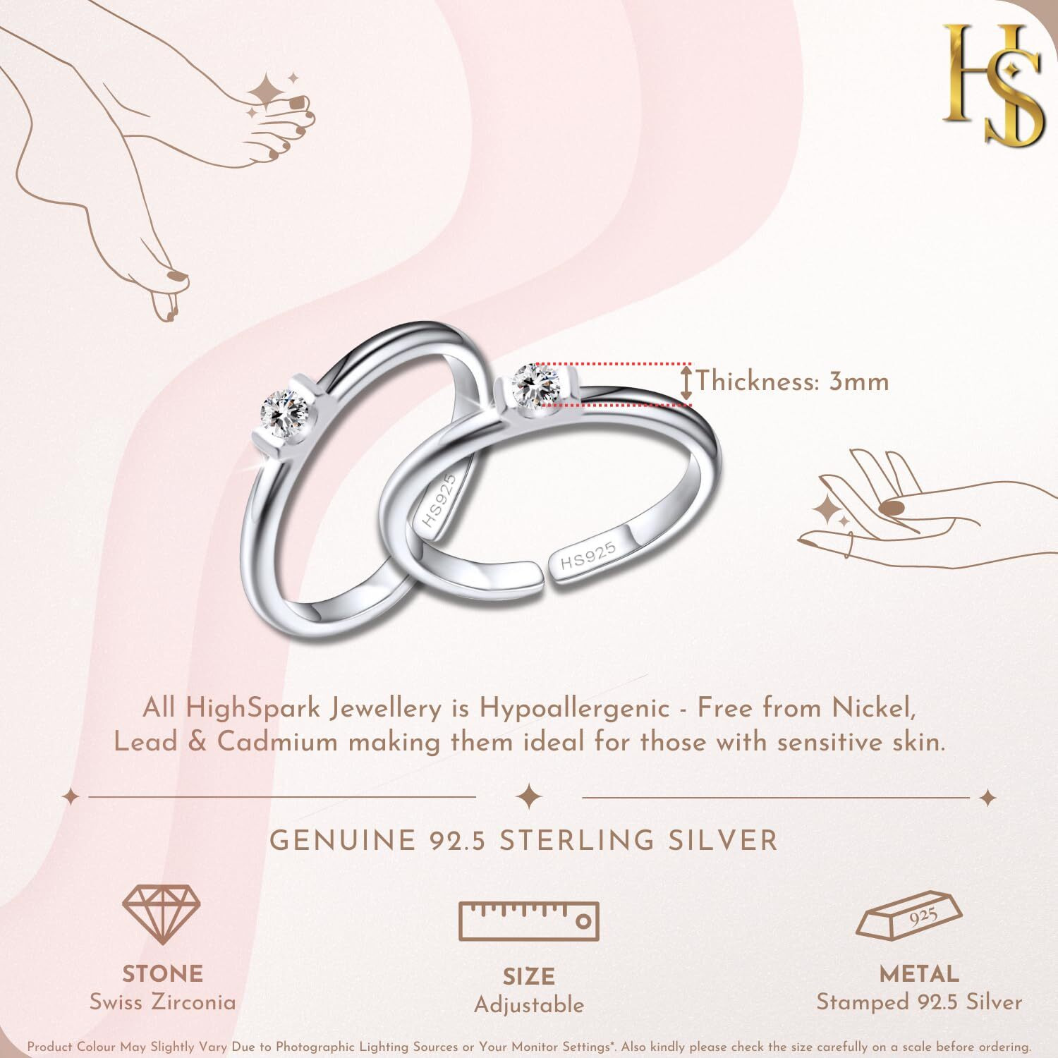 HighSpark Diamond Silver Toe Rings for Women | 92.5 Sterling Silver Hypoallergenic Adjustable Toe Rings | Minimal & Elegant Designs - Diamond - 1 Pair