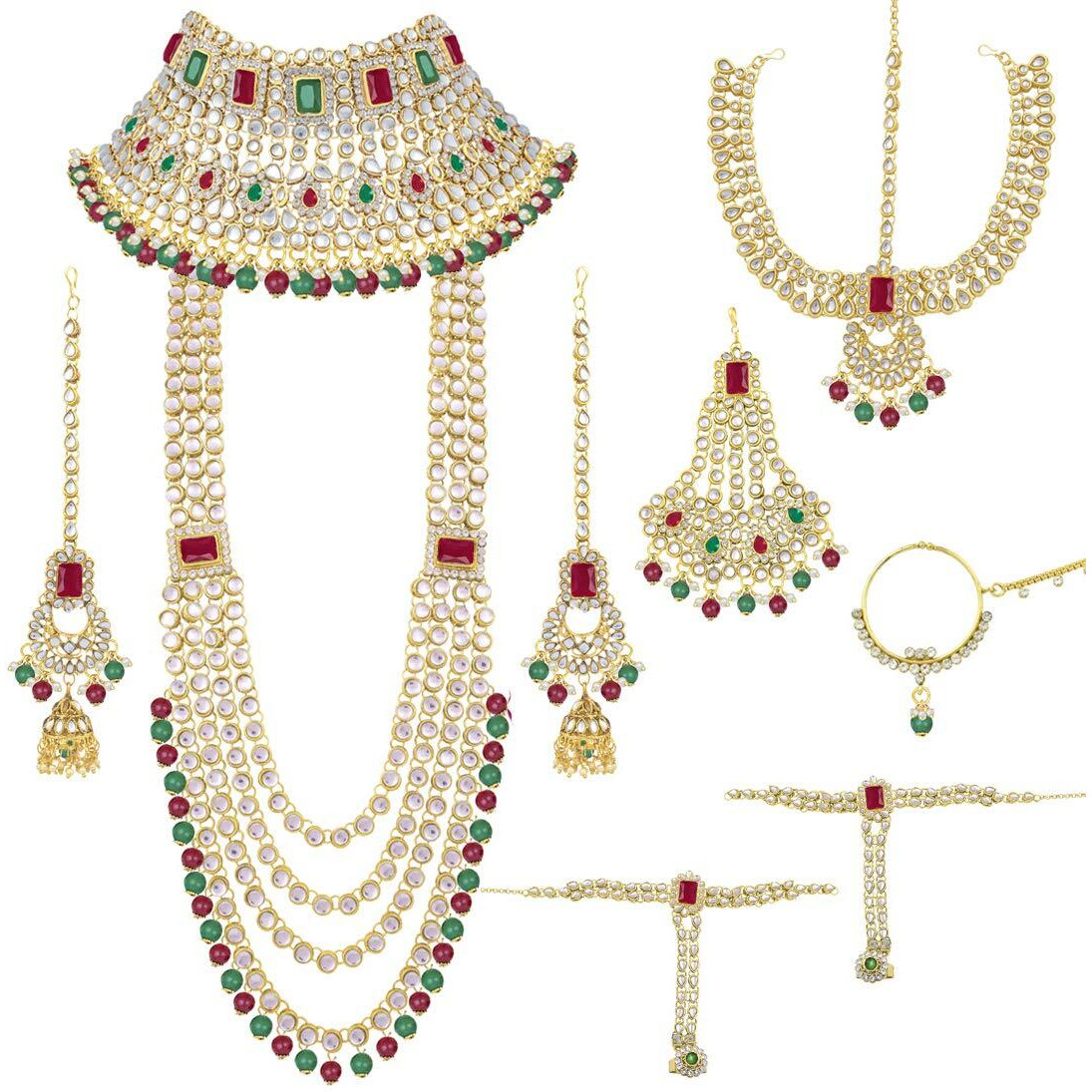 Peora Ethnic Indian Traditional Gold Plated Kundan Dulhan Bridal Jewellery Set with Choker Earrings Maang Tikka Hathphool for Women Girls